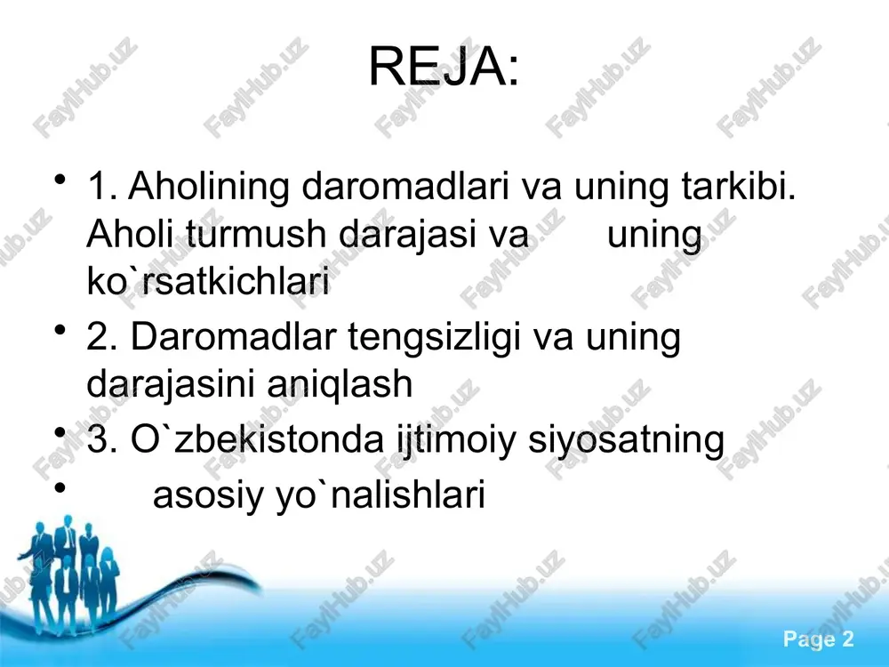 ko`payib bormoqda». free powerpoint templates page ‹#› daromadlar tengsizligi va uning darajasini aniqlash dunyodagi barcha mamlakatlar aholi jon boshiga to`g`ri keladigan o`rtacha daromadlar darajasi bilan bir-biridan keskin farqlanadi. bu turli mamlakatlar aholisining daromadlari darajasi o`rtasida tengsizlik mavjudligini bildiradi. shu bilan birga alohida olingan mamlakatlar aholisining turli qatlam va guruhlari o`rtacha daromadlari darajasida ham farq mavjud bo`ladi. mamlakatning iqtisodiy rivojlanishi darajasi ham daromadlaridagi farqlarni bartaraf qilmaydi. free powerpoint templates page ‹#› daromadlar tabaqalanishini aniqlashning ko`proq qo`llaniladigan ko`rsatkichlaridan bir ditsel koeffitsienti hisoblanadi. bu ko`rsatkich 10% ancha yuqori ta'minlangan aholi o`rtacha daromadlari va 10% eng kam ta'minlanganlar o`rtacha daromadi o`rtasidagi nisbatni ifodalaydi. free powerpoint templates page ‹#› yalpi daromadning aholi guruhlari o`rtasida taqsimlanishini xarakterlash uchun aholi daromadlari tengsizligi indeksi (djini koeffitsienti) ko`rsatkichi qo`llaniladi. bu ko`rsatkich qanchalik katta bo`lsa, (ya'ni 1,0 ga yaqinlashsa) tengsizlik shuncha kuchli bo`ladi. jamiyat a'zolari daromadlari tenglashib borganda bu ko`rsatkich 0 (nol)ga intiladi. free powerpoint templates page ‹#› o`zbekistonda ijtimoiy …