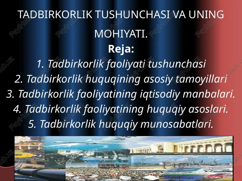 ngi ishlab chiqarish texnologiyasi yoki hatto biznesni tashkil qilishning yangi shakllarini tijorat asosida kiritishga harakat qiluvchi tashabbuskor shaxs hisoblanadi. 4.tadbirkor-taxlika (risk)ga boruvchi inson. buni uning boshqa uchta vazifasini chuqur o’rganish ko’rsatadi. bozor munosabatalariga asoslangan jamiyatda tadbirkorga foyda kafolatlanmagan. uning sarflangan vaqti, kuchi va qobiliyati foyda yoki zarar bilan taqdirlanishi va hatto u sinishi ham mumkin. qisqacha aytganda tadbirkor na faqat o’zining vaqti, mehnati va ishchanlik layoqati, balki o’zi yoki o’z aktsionerlari ishlab chiqarishga qo’ygan mablag’lar bilan tahlikaga boradi. tadbikorlikni turlarga bo’lish belgilari tadbirkorlar guruhlari yangi tovar yoki xizmatni loyihalashni tashkil etish bo’yicha tadbirkorlik innovatsiya tadbirkorlari, ya’ni intelektual mulk egalari. bu tadbirkorlar yangi tovar va xizmatlarni chiqarish jarayonlarini takomillashtirish, ularni ishlab chiqarishga joriy qilish yuzasidan ilmiy izlanishlarni olib boruvchi tadbirkorlar. faoliyat yo’nalishi bo’yicha tadbirkorlik tovar ishlab chiqarish va xizmat ko’rsatish bilan shug’ullanuvchi tadbirkorlar, tovarni sotish, qayta sotish va tijorat ishlarini tashkil etish bilan shug’ullanuvchi tadbirkorlar qanday vazifani bajarishi bo’yicha tadbirkorlar ishlab …