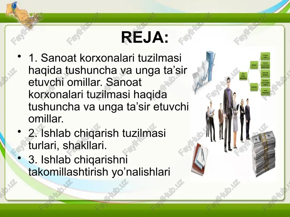 nazorat ishlari) jarayonlar kiradi. ishlab chiqarish jarayoni ayrim qismlarga bo‘linadi va bu jarayonlarning tarkibi operatsiyalardan tashkil topadi. tarmoqqa yoki sohaga tegishliligi. ushbu omil ishlab chiqarish strukturasiga ta’sur etadi ya’ni asosiy ishlab chiqarish sexlari tarkibi har bor tarmoqda o’zgacha bo’ladi. shunday ekan,bir bosqichli struktura asosan qazib olish, kon metallurgiya sanoatiga xos, ko’p bosqichli struktura ishlov berish, maxsulot ishlab chiqarish tarmog’iga xosdir. ishlab chiqarish protsessining xarakteri.(analitik, sintetik, chiziqli) ushbu omil asosiy ishlab chiqarish jarayonlari : tayyorlovchi, ishlov beruvchi, yakunlovchi bosqichlariga, ularni rivojlantirish darajalariga o’z ta’sirini o’tkazadi. maxsulotning texnologik konstruktiv hossasi. maxsulotnik texnologik konstruktiv xossa ham ishlab chiqarish strukturasiga ta’sir etadi. masalan, radiotexnika , elektrotexnika aviasozlik sanoatida , ishlab chiqarish strukturasinining asposiy qismini ilmiy texnik markazlar, labaratoriya, sinov-tajriba sexlarini ko’rish mumkun. ushbu sanoat tarmoqlarida , maxsulot sifati, uning yuqori tezlik bilan o’zgarishi va yangi maxsulot turlarining yaratilishiga talab yuqori bo’lganligi uchun, uning strukturasi o’zgaruvchan va bir vaqting o’zida moslashuvchan bo’lishi talab etiladi № …