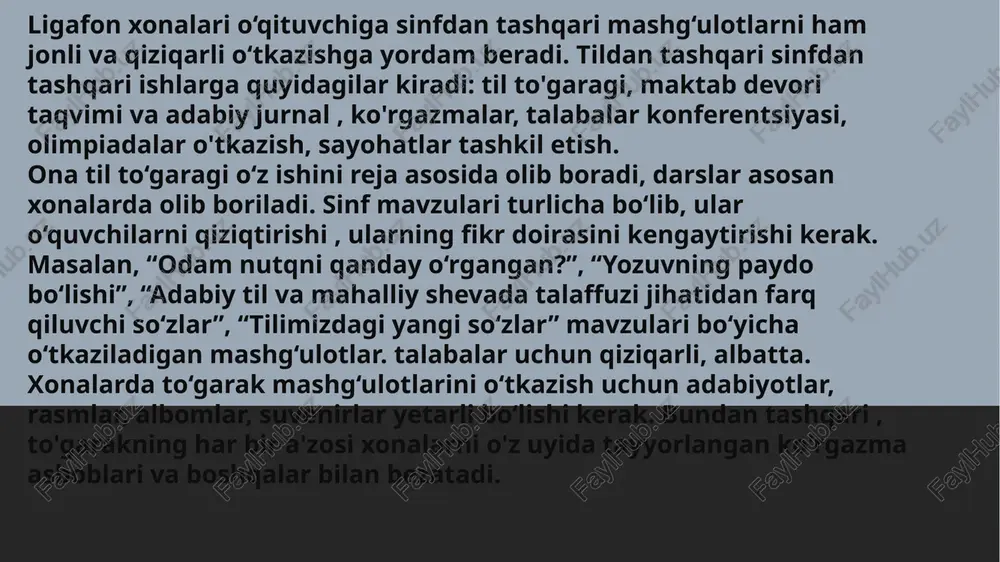 rensiya mavzusiga mos xonalarda turli rasmlar , plakatlar, chizmalar, diagrammalar tayyorlanadi va foydalaniladi . 14.05.2024 olimpiadada chiroyli yozuv, ifodali o‘qish, bir unlili so‘zlarni ko‘p topish, o‘quvchi aytgan o‘t, sifat, o‘g‘il uchun boshqa so‘zni tezda topish, o‘t yasash (qizil+tepa, besh+ariq kabi) va imlosini tushuntirish foydalidir. xonalarda boshqotirma yaratish va yechish kabi o‘yinlarni o‘tkazish. talabalar zavodlarga sayohatga borganlarida texnologiya, dehqonchilik, chorvachilik bo‘yicha o‘rgangan yoki eshitgan lug‘atlarini talabalarga topshirishlari mumkin. yoki "safarda kim nima va qancha gapirdi?" mavzu bo'yicha muhokama o'tkazilsa ham mumkin. bu ishlar har bir sinf o‘quvchilarining yoshi va bilimiga mos bo‘lishi kerak. bunday kechalarni maktabda o‘tkazish katta tarbiyaviy va ma’naviy ahamiyatga ega. sinfdan tashqari ishlar sinfdagi faoliyat bilan chambarchas bog'liq. ularning ikkalasi ham darsda o‘quvchilarning bilimini chuqurlashtirishga, ular o‘rtasida tarbiyaviy ishlarni kuchaytirishga qaratilgan bo‘ladi. 14.05.2024 talabalarga til bo‘yicha qanchalik chuqur va puxta bilim berilsa, ularning boshqa fanlarga bo‘lgan qiziqishi , ishtiyoqi shunchalik ortadi. bu ko'p jihatdan til xonalarining kattaligiga, ularning …