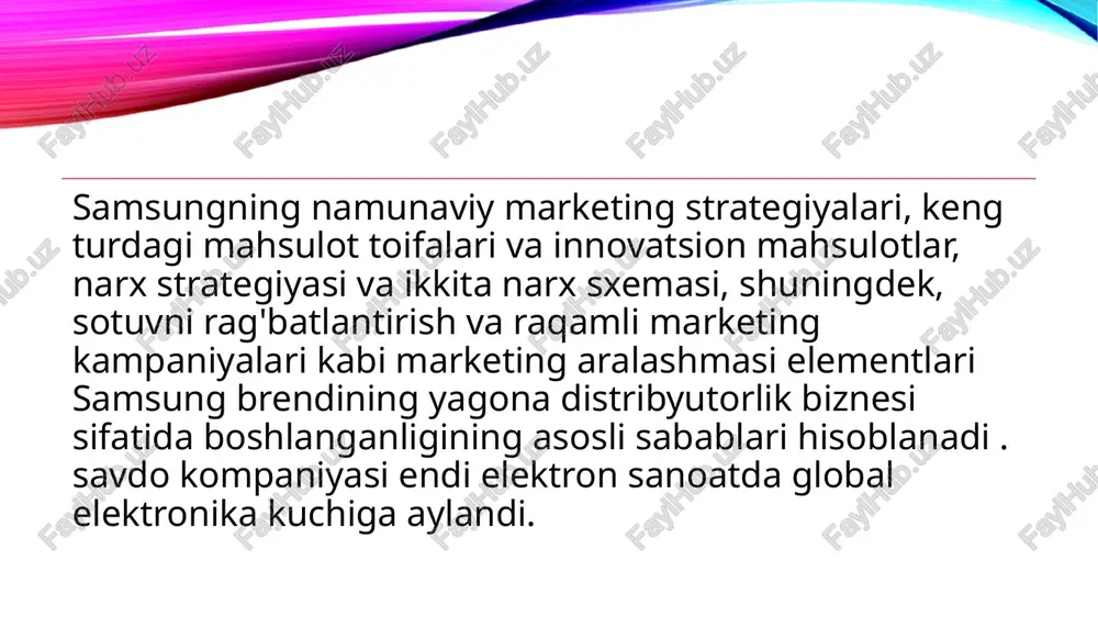 nda turadi. samsung electronics dunyodagi eng yirik it kompaniyasi, chip ishlab chiqaruvchi va maishiy elektronika ishlab chiqaruvchisi. samsung c&t korporatsiyasi dunyodagi eng yirik qurilish kompaniyalari ro'yxatida 36-o'rinda, samsung heavy industries 2-o'rinda, samsung engineering esa dunyodagi 13-o'rinda turadi. samsung electronics industry co ltd konglomeratdagi yetakchi kompaniya hisoblanadi. dastlab kompaniya sanyo laboratoriyasi bilan arzon pishirish moslamalari, mikroto'lqinli pechlar, mobil qurilmalar va televizorlar ishlab chiqarish uchun hamkorlik qildi . bu ularga munosib tan olinmadi va kompaniya past darajadagi ishlab chiqarish brendidan yuqori va yuqori sifatli mahsulotlarga ega bo'lgan maishiy elektronika kompaniyasiga o'tishga qaror qildi. o'sha paytdan boshlab samsungning marketing strategiyasi o'zgarib, brend yuqori darajadagi texnologiyalarga asoslangan iste'mol sanoatida global sensatsiyaga aylanishi mumkin edi. samsungning 2023-yildagi yangi mahsulot aralashmasi quyidagicha smartfonlar va planshetlar : samsung smartfon va planshetlar bozorida yetakchilik qilishda davom etmoqda va arzonroq a va j seriyali modellari bilan bir qatorda galaxy s seriyali va note seriyali kabi yuqori darajadagi modellarni taklif …