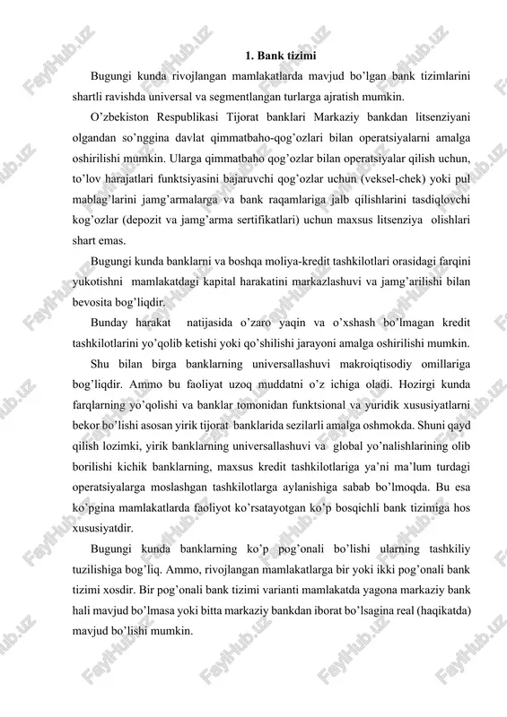 a markaziy bank hali mavjud bo’lmasa yoki bitta markaziy bankdan iborat bo’lsagina real (haqikatda) mavjud bo’lishi mumkin. ammo tsivilizatsiya darajasidagi bozor iqtisodiyoti sharoitiga ikki pog’onali bank tizimi hos. bunda birinchi pog’ona banklari-bu markaziy bank, ikkinchi quyi pog’ona esa-tijorat banklari va kredit tashkilotlaridir. markaziy bank-bank tizimi mavjud bo’lgan barcha davlatlar pul-kredit tizimining asosini tashkil qiladi. markaziy bankning moliya bozoridagi o’rni mamlakatda bozor munosabatlarining rivojlanish darajasiga va xususiyatiga bog’liq. bu esa o’z navbatida ikki pog’onali bank tizimini shakllanishiga asosiy omil bo’lib hisoblanadi. chunki buning tepasida markaziy bank bo’ladi. ikki pog’onali bank tizimining zarurligi bozor munosabatlarining qaramaqarshiliklaridan kelib chiqadi. bir tomondan, bu xususiy moliya mablag’laridan erkin foydalanish huquqini talab qiladi. bu quyi pog’ona banklar-tijorat banklari orqali amalga oshiriladi. ikkinchi tomondan, bu munosabatlarni ma’lum miqdorda tartibga solish nazorat qilish maqsadli yo’naltirish zarur. bunday maxsus institut sifatida markaziy bank yuzaga chiqadi. yuqorida ko’rib o’tganimizdek bank faoliyatini maxsus litsenziya asosida amalga oshiriladigan faoliyatdir. biz aytganimizdagi o’zbekiston …