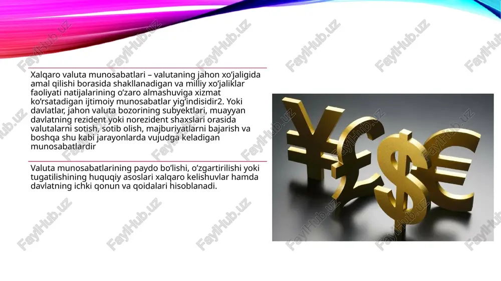 banklaridir. tijorat banklari milliy, hududiy va jahon valuta bozorlarida nafaqat o’z manfaatlari, balki o’z mijozlari manfaatlarining himoyachisidir. jahonning yirik tijorat banklari o’z mijozlarining topshiriqlarini yaxshi bajarish, ularning moliyaviy manfaatlarini himoya qilish va o’z tijorat maqsadlari uchun jahon moliya bozorining yirik markazlarida o’z filiallarini ochgan. tijorat banklarida va mijozlarida turli sabablarga ko’ra hamda turli maqsadlarda xorijiy valutaga ehtiyoj paydo bo’ladi. masalan, agar tijorat bankining mijozi eksportyor bo’lsa, u xorijiy valutada tushum oladi va valuta kursining tebranishi oqibatidagi risklarni hisobga olgan holda, unda shu xorijiy valutada olingan tushumni himoyalash zaruriyati tug’iladi. shu sababli, u mazkur eksport tushumini sug’urtalash maqsadida o’z bankiga murojaat etadi. yoki bank mijozi importyor bo’lsa, kontragenti bilan tuzgan o’zaro shartnoma shartlariga muvofiq, belgilangan muddatda eksportyor bilan hisob-kitob qilish uchun unga muayyan miqdorda xorijiy valuta zarur bo’ladi. shunga muvofiq, mijoz o’z bankiga xorijiy valuta sotib olish maqsadida murojaat qiladi. yuqoridagilardan tashqari tijorat bankining xorijiy valutaga bo’lgan o’z zaruriy ehtiyojlari mavjud. …