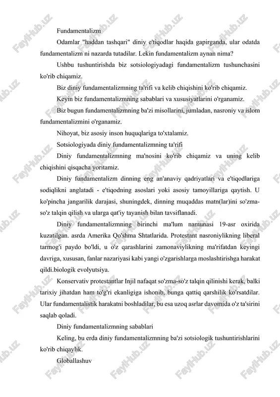 ing ko'p joylarida buzg'unchi kuch ekanligini ta'kidlaydi. g'arblashuv va uning ayollar va ozchiliklar uchun tenglik, so'z erkinligi va demokratiyani rag'batlantirish bilan bog'lanishi an'anaviy avtoritar hokimiyat tuzilmalari va patriarxal hukmronlikka tahdid soladi. bu g'arb iste'molchiligi va "ma'naviy jihatdan bo'sh" deb qaraladigan materializmning ta'siri bilan birgalikda, globallashuvning paydo bo'lishi odamlar orasida sezilarli ishonchsizlikni keltirib chiqardi. shuning uchun fundamentalistik dinning o'sishi globallashuv mahsuli va unga javob bo'lib, doimiy o'zgaruvchan dunyoda oddiy javoblar beradi. har doim ham bir xil manbadan kelib chiqavermaydi. u ikkita turni ajratdi: jamoaviy fundamentalizm va individualizmfundamentalizm. kommunal fundamentalizm iqtisodiy jihatdan kam rivojlangan mamlakatlarda yuqorida aytib o'tilganlar kabi tashqi tahdidlarga javob sifatida sodir bo'ladi. boshqa tomondan, individualistik fundamentalizm rivojlangan davlatlarda keng tarqalgan tur va jamiyatning o'zida ijtimoiy o'zgarishlarga, odatda ortib borayotgan xilma-xillik, multikulturalizm va zamonaviylik tufayli yuzaga keladigan reaktsiya. shuningdek qarang: 1988 yil prezident saylovi: natijalar diniy tafovutlar samuel huntington (1993) fundamentalistik islom va o'rtasida "tsivilizatsiyalar to'qnashuvi" sodir bo'ldi, deb ta'kidlaydi. …