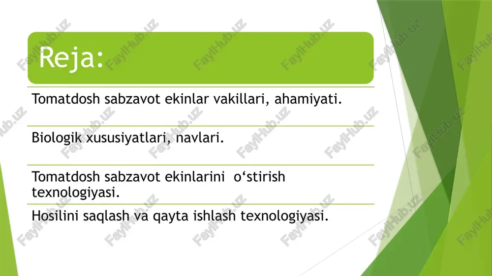 i) qimmatli oziq-ovqat mahsulotlaridan hisoblanadi. chunki, bunday pomidor mevasi mahsulotlarida vita¬minlar to‘liq saqlanib qoladi. bizda pomidor pishgan mevalari of¬tobda quritilib, qoqi ham olinadi. pomidor qayta ishlangach, undan qolgan chiqindilar, tarkibida 17-29% gacha moyi bo‘lgan urug‘lari is¬te’mol qilishga yaroqli pomidor moyi olishga, kunjarasi esa chorva mollari uchun oziqa va o‘g‘it sifatida foydalaniladi. kelib chiqishi va tarqalishi. pomidorning vatani janubiy amerika hisoblanadi. u yevropaga xvi asr o‘rtalarida keltirilgan bo‘lsada, lekin uzoq vaqtgacha manzarali va dorivor o‘simlik sifatida o‘stirilgan. xviii asr oxirlarida pomidor oziq-ovqat ekini sifatida yetishti¬rila boshlandi. xix asr o‘rtalarida esa rossiya va yevropa ja¬nubiga keng tarqalib, o‘tgan asrning oxirlaridan boshlab o‘rta osiyoda ham ekila boshlangan. o‘zbekistonda sabzavot ekinlari ichida ommabop va keng ko‘p tarqalgani pomidor bo‘lib, maydoni va yalpi hosili bo‘yicha birinchi o‘rinda turadi. sabzavot ekinlar umumiy maydonining 35-38% ini pomidor tashkil etadi. biologik xususiyatlari pomidor issiqsevar o‘simlik. uning urug‘i 10-120 haroratda una boshlaydi. o‘simlikning normal o‘sib rivojlanishi uchun xarorat 250 …