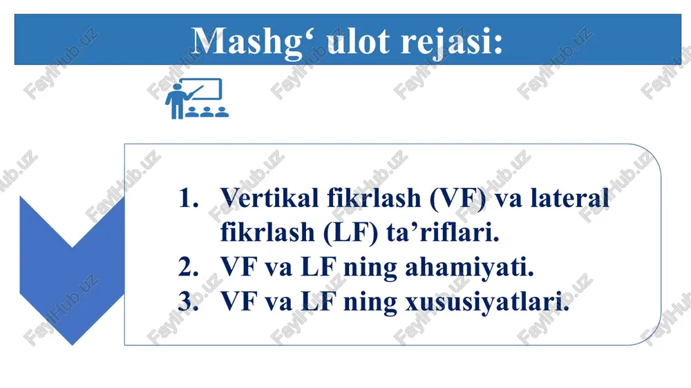 qi ma’lumotlar va dalillarga tayanishni afzal ko’rishadi. vertikal fikrlash muammolarni hal qilish usuli sifatida “vertikal fikrlash” tushunchasi birinchi marta edvard de bono tomonidan kiritilgan va uni 1970 yilda “lateral thinking: creativity step by step” nomli nashridan boshlab topish mumkin. kitobda vertikal fikrlash kontseptsiyasi “tanqidiy fikrlash” bilan juda ko’p o’xshashliklarga ega ekanligini ko’rish mumkin. de bono o’z matnida bu ikki tushunchani ajratib turuvchi asosiy omil tanqidiy fikrlash faqat aql bilan o’ylashni o’z ichiga oladi, vertikal fikrlash esa shaxsdan muammo yechimini topishda tartibni qo’llashni talab qiladi, deb tushuntiradi. vertikal fikrlashda tanlangan, faqat harakatlanadigan aniq yo’nalish bo’yicha, shuningdek ketma-ketlikda harakat qilinadi. lateral (yon tomondan) fikrlash - bu darhol aniq bo’lmagan fikrlash orqali bilvosita va ijodiy yondashuv yordamida muammolarni hal qilish uslubi. unga faqat an’anaviy bosqichma-bosqich mantiq yordamida erishib bo’lmaydigan g’oyalar kiradi. bu atama birinchi marta 1967 yilda edvard de bono tomonidan “lateral thinking use” kitobida ishlatilgan. de bono sulaymon hukmini lateral fikrlashga misol …