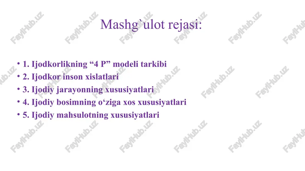 (kreativlik) nazariyalari turli omillarga e’tiborni qaratgan. dominant omillar 4p sifatida belgilanadi - shaxs, jarayon, mahsulot va bosim. kreativlikning “4 p” modeli tarkibi shaxs shaxs har qanday ijodiy ishning markazida. mahsulotni yaratish uchun ular o’z mahoratlari, atrof-muhit (yoki bosim), ijodiy qobiliyatlari va motivatsiyasidan foydalanadilar. shaxsning ijodiy qobiliyatlarini o’lchash oson emas. ammo ular o’lchovlidir. biror kishining afzalliklari adapter (moslashuvchi)dan innovatorgacha o’lchanadi. yigirmanchi asrning boshlarida ko’plab olimlar inson ijod bilan tug’ilgan yoki tug’ilmagan deb ishonishgan. tadqiqot ijodga ijodkor shaxs nuqtai nazaridan qaradi. psixologlar o’zlarini ijodiy deb bilgan shaxslar tomonidan ifoda etilgan individual ijodkorlikka e’tibor qaratdilar va ushbu odamlarning har qanday o’ziga xos xususiyatlarini qayd etdilar. jarayon jarayon deganda shaxs tomonidan mahsulotni ishlab chiqishda foydalaniladigan jarayon tushuniladi. iltimos, e’tibor bering, bu jarayon metodologiyani emas, balki fikrlash jarayonini anglatadi. bu muammoni hal qilishga yoki yangi yechim yaratishga harakat qilayotganidagi odamning fikrlash yo’li. masalan, amerikalik psixolog j.p.guilford ijodiy izlanishlarning muhim hissalaridan biri bo’lgan shaxsiy, motivatsion va …