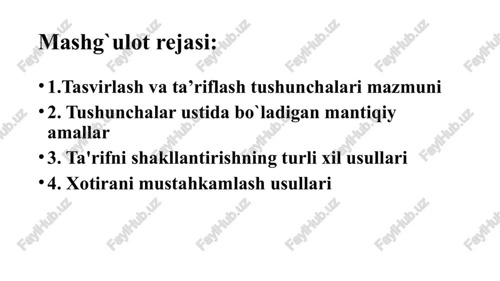 nchaning mazmunini aniqlash uchun aniqlanuvchi tushunchaning o’ziga murojaat etiladi. tavtologiya ham mana shu qoidaning buzilishi natijasida sodir bo’ladi. bunda aniqlanuvchi tushunchadan uning mazmunini ochish uchun foydalanilgan bo’ladi. masalan, “materialist – materialistik dunyoqarashga ega bo’lgan kishi” – ta'rif aylanma shaklda; d) ta'rif iloji boricha inkor shaklida bo’lmasligi lozim. agar shunday ta'rif berilsa predmetga xos belgi o’rniga unda yo’q belgi ko’rsatiladi. masalan, “norma – hukm emas”. biroq musbat tushunchalarni ta'riflashga bu qoida ta'luqli emas. masalan, “e'tiqodsiz – ma'lum bir o’z qarash, maqsad va printsiplariga ega bo’lmagan kishi”. tushunchalar ustida bo`ladigan mantiqiy amallar tafakkur shakli fikrning mazmunini tashkil etuvchi elementlarning bog’lanish usuli, uning tuzilishidir. tushuncha, hukm va xulosa chiqarish tafakkurning universal shakllari bo’lib, uning asosiy tarkibiy elementlari hisoblanadi. muhokama yuritish ana shular va ularning o’zaro aloqalarga kirishishi natijasida vujudga keladigan boshqa mantiqiy strukturalar (masalan muammo, gipoteza, nazariya, g’oya, argumentatsiya)da amalga oshadi. muhokama yuritishda ishonchli natijalarga erishishning zaruriy shartlari qatoriga fikrning chin bo’lishi va …