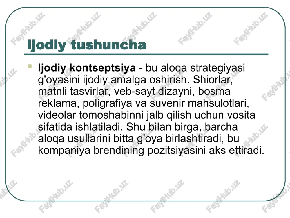 iz keyingi ijodiy ishlanmalar uchun asos bo'ladigan asosiy savdo g'oyasini yaratishimiz kerak. uchinchidan, biz asosiy kommunikativ xabarni shakllantirishimiz kerak, uning yordamida biz iste'molchiga brendning oqilona va hissiy afzalliklari haqida ma'lumot beramiz. to'rtinchidan, biz kuchli, qobiliyatli, maqsadli auditoriyani kerakli teskari harakatlarga (savdo maydonchasiga boring, pochta orqali buyurtma bering, qo'ng'iroq qiling, sotib olish varianti sifatida ko'rib chiqing) undaydigan juda muhim vizual tasvirni (asosiy vizual) yaratishimiz kerak. keyingi xaridda), tushunish oson va noyob. ijodiy kontseptsiyaning asosiy g'oyasi ijodiy kontseptsiyada ma'lum bir kalit, asosiy g'oya bo'lishi va iste'molchi ongida brendning yaxlit imidjini shakllantirishga hissa qo'shishi muhimdir. reklama kampaniyasi davomida ijodiy kontseptsiya turli ommaviy axborot vositalarida (matbuot, radio, internet, televidenie va boshqalar) mavjud. ularning barchasi kompleksda ishlashi va mahsulotning yaxlit tasvirini efirga uzatishi kerak. shu bilan birga, har bir alohida ma'lumot bloki (masalan, reklama taxtasi yoki audio klip) iste'molchiga tushunarli shaklda reklama qilingan brend xususiyatlarini aks ettirishi kerak. xuddi shunday, reklama blokining ichida: muvaffaqiyatli topilgan …