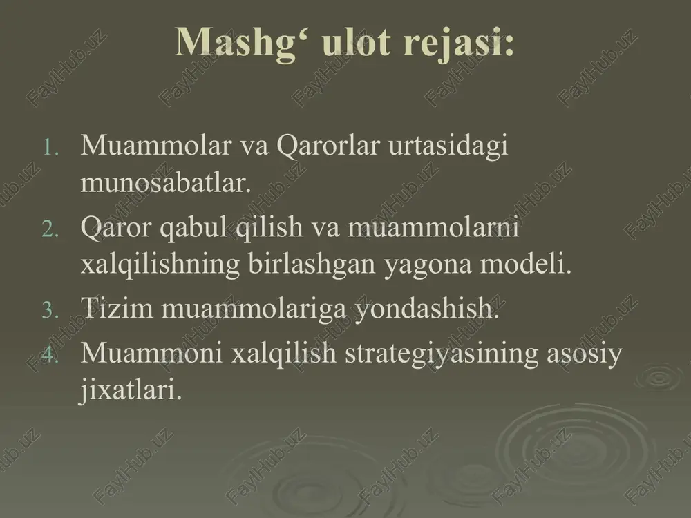 topamiz yoki qiyinchiliklarga duch kelamiz. afsuski, bu jarayon har doim ham chiziqli emas, lekin u bizni hech qanday echim yo'q deb hisoblasak, bizni psixologik azob-uqubatlarga duchor qilib, juda qattiq yo'llarni bosib o'tishi mumkin. muammoni hal qilish uchun tajriba har doim ham bizning foydamizga ishlamaydi tajriba ortiqcha bo'lishi mumkin yoki aksincha, muammolarni hal qilishga to'sqinlik qilishi mumkin. gonkong va prinston universitetlari psixologlari biz bir guruh odamlardan turli xil muammolarni hal qilishni so'rab, muammolarni hal qilish strategiyasini qanday amalga oshirayotganimizni tekshirdilar. ushbu seriyali tajribalar shuni ko'rsatadiki, muammoni hal qilish uchun biz ochiq fikrni saqlashimiz kerak, chunki vaziyat o'zgarishi mumkin va muammolarni hal qilish strategiyamizni o'zgartirish uchun aqliy moslashuvchanlik zarur. har qanday muammoni bartafar etishning bosqichma-bosqich rejasi quyidagicha: 1. muammoni aniqlab oling. biz nimani hal qilishga urinayotganimiz haqida chuqurroq o’ylab ko’rishimiz zarur. o’ylang, muammo o’zi nimada? siz bilan yuz berayotgan ko’ngilsiz holatlarning asl sababi – bosh muammo aslida butunlay boshqa narsa bo’lishi mumkin. …