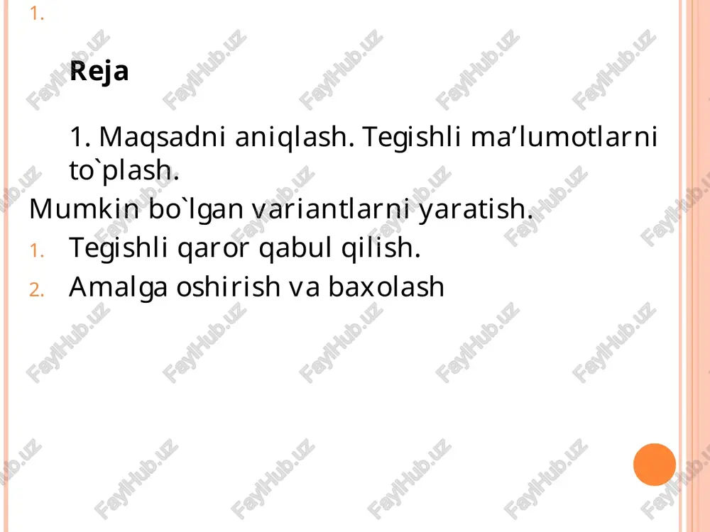 kka, o’ylamasdan qaror qabul qilishga yo’l ochiladi. aniq va to’g’ri yo’nalishga ega bo’lishi kerak har qanday qaror va aniq bajaruvchiga tushunarli bo’lishi lozim. qarordan bir necha ma'no kelib chiqishiga va uni turlicha talqin qilish yoki tushunishga yo’l qo’ymaslik kerak. vaqt bo’yicha qisqa bo’lishi kerak axborotlar bilan ishlash vaqtini tejash maqsadida qisqa muddatli qarorlar qabul qilinishi lozim. vaqt bo’yicha aniq bo’lishi lozim har qanday qarorning bajarilish muddati aniq ko’rsatilishi kerak. aks holda uning bajarilishini ob'ektiv nazorat qilish imkoniyatiga ega bo’linmaydi. tezkor bo’lishi kerak har qanday qaror o’z vaqtida, ya'ni ishlab chiqarishdagi vaziyat talab qilgan vaqtning o’zida qabul qilinishi zarur. kechikib yoki shoshqaloqlik bilan qabul qilingan qarorning har ikkisi ham zararlidir. samarali bo’lishi lozim qabul qilingan qarorning samaraliligi deganda qo’yilgan maqsadga eng kam harajat bilan erishish tushuniladi ma'lumki, qaror qabul qilish zaruriyati mavjud, amaldagi holatning muammoni hal etish uchun talab etiladigan holatga mos tushmasligi natijasida yuzaga keladi. ana shu erning o’zida muammo …