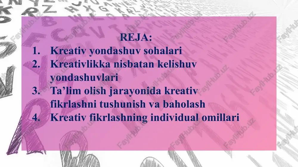 uv yondashuvlari “kelishuv yondashuvlar”, yoki “tarkibiy nazariya”, kreativ fikrlash va kreativlikni ko‘p o‘lchamli hodisa sifatida izohlaydi (lucas, 2016[39]). amabail (1983[34]; 2016[40]) inson ijodkorligining tarkibiy nazariyasida biror ijodiy ishni amalga oshiradigan inson uchun to‘rt narsa kerak ekanini belgilaydi. bular muayyan sohaga tegishli ko‘nikmalar, kreativlikka tegishli jarayonlar, topshiriqni bajarishga rag‘batlantirilganlik va qulay muhit. yuqorida aytib o‘tilganlardan ayon bo‘ladiki, biror kreativ yaratuvchanlik birlamchi manbalar (ya’ni sohaga tegishli ko‘nikmalar, jumladan, texnik ko‘nikmalar va bilimlar), mazkur birlamchi manbalarni yangicha tartibda birlashtirish uchun kerakli jarayonlar yoki ko‘nikmalar (ya’ni, ijodkorlikka tegishli jarayonlar jumladan, senariy matnini ochish va javob variantlarini ochib qo‘yish kabi mos aqliy uslubiyatlar) hamda buni amalga oshirish uchun turtki bo‘luvchi vositani (ya’ni topshiriqni bajarishga rag‘batlantirilganlik) talab etadi. shuningdek, unda bir qator tashqi omillar ham ijodkorlik bilan bandlikni ta’minlovchi vositalar bo‘lib xizmat qiladi. mazkur to‘rt tartib nisbatan o‘zgarmas element yoki rivojlanadigan va ijtimoiy ta’sirlar sharotida o‘zgarishi mumkin bo‘lgan elementlardan iboratdir. sternberg va lubartlar (1991[41]; 1995[42]) tomonidan …