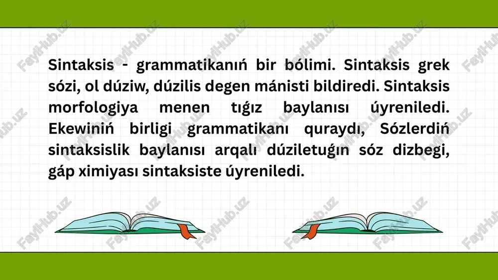 betlik penen atlıq sózdiń dizbegi orın tártibi arqalı baylanısıp, mánilik jaqtan atlı sózdi sıpatlawdıń mánisin bildiredi. sonday-aq, sintaksislik baylanıs jay hám qospa gáplerdiń quramında da baylanıstırıwshılıq xızmet atqarıp, mánilik qatnaslardı payda etedi: 1. bizler tayın iship boldıq. 2. ala bultlar aspandı qaplap, qar baratırıp jawdı (x.s.). bundaǵı birinshi gáp - jay gáp. bul gáptiń baslanǵısh bayanlawı betlik qosımtaları arqalı sintaksislik baylanısqa túsken. mánilik jaqtan xabar mánisin bildiredi. ekinshi gáp qospa gáp. ol eki jay gápten dúzilip, ala bultlardıń aspandı qaplaǵanlıǵı, qardıń barıp jawǵanlıǵı tuwralı xabarlaydı. bul qospa gáptiń quramındaǵı jay gápler bayanlaw formaları da intonaciya arqalı baylanısqan.demek, sózlerdiń sintaksislik baylanısları arqalı sóz dizbegi, jay gáp, qospa gáp, tekst sintaksisi dúziledi.