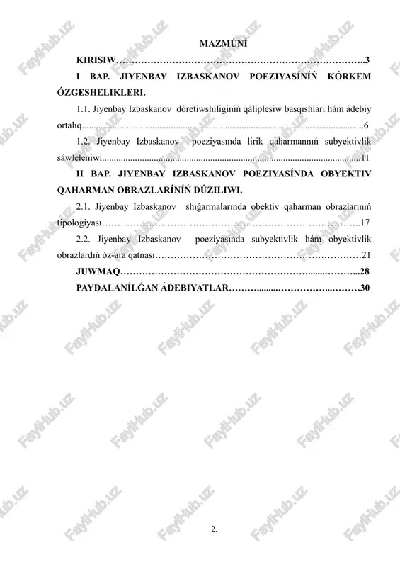 at hám mádeniyattıń ruwxıy tárbiya, jaslar dúnyaqarasın qáliplestiriwdegi áhmiyetin ayrıqsha atap ótip, bılay degen edi: "jaslarımızdı joqarı mánawiyat, milliy maqtanısh hám insanıylıq qádiriyatlar ruwxında tárbiyalawda ádebiyattıń ornı sheksiz. shayır hám jazıwshılar xalıqtıń aynası, millettiń júregi bolıwı kerek." usı pikirler jiyenbay izbaskanov tıń dóretiwshiligine de tolıq tiyisli. onıń poeziyalıq álemi - millet ruwxınıń, xalıq qálbiniń kórkemlik kórinisi sıpatında zamanagóy oqıwshını ózine tartadı. shayır shıǵarmalarında insannıń ishki dúnyası, muhabbat, watanǵa sadıqlıq, miynet hám hadallıq sıyaqlı ulıwmainsanıylıq temalar joqarı poeziyalıq dárejede sáwlelendirilgen. sonday-aq, búgingi globallasıw dáwirinde milliy ózlikti, ádebiy miyrastı ańlaw, kórkem obrazlar arqalı adamgershilik ideyaların alǵa qoyıw úlken ilimiy hám tárbiyalıq áhmiyetke iye. kurs jumıstıń izertlew obyekti - jiyenbay izbaskanovtıń poeziyalıq dóretiwshiligi, atap aytqanda, onıń shıǵarmalarında sáwlelengen insan shaxsı, xalıq turmısı, ruwxıy qádiriyatlar hám kórkem obrazlar sisteması bolıp tabıladı. 2. kurs jumıstıń predmeti - jiyenbay izbaskanov poeziyasida subektiv va obektiv qahramon obrazlarining ifodalanish usullari, ularning wzaro munosabati, shoirning badiiy-estetik qarashlari va poetik …