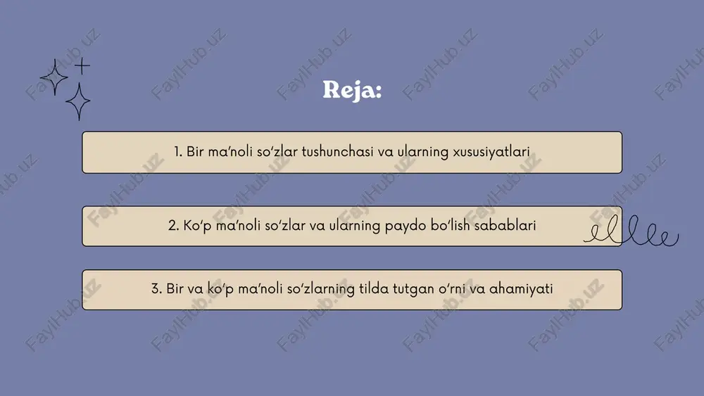 ko’p ma’noli so‘zlar va ularning paydo bo'lish sabablari ko’p manoli so’zlar — bu bir so’zning bir nechta, o’zaro bog/liq ma’nolarga ega bo’lishidir. bunday hodisa tilshunoslikda polisemiya deb ataladi. masalan, “bosh” so’zi inson tanasidagi a’zoni bildirsa, “boshliq”, “bosh so’z", “bosh joy” kabi shakllarda turli ma’nolarga ega bo’'ladi. so’zning ko’p ma’noliligi tildagi boylikni oshiradi, uni obrazli va itodali qiladi. bu nodisa har bir tilning tabiiy rivojlanish jarayonida shakllanib boradi. ko’p ma'nolilik ko’‘pincha so’z ma’nosining kengayishi, ya’ni boshqa tushunchalarga o’tishi (ll orqali vujudga keladi. so’zning ma’‘nosi ko’chma _ yo'l bilan yangi ma’nolar hosil gilganda, u ko’p ma'noli so’zga aylanadi. masalan, “oyoq” so’zi odam a’‘zosi ma’nosidan tashqari “stol oyoqlari”, “ko'prik oyoqlari” kabi ma’nolarda ishlatiladi. bunday o’zgarishlar xalq tatakkuri va hayot tarzining rivojlanishi natijasida yuzaga keladi. ko’p ma’noli so‘zlar tilning itoda kuchini oshiradi. ayniqsa, badiiy adabiyotda ular obraz yaratish, tikrni go’zal va chuqur ma’noda itodalash uchun ishlatiladi. masalan, “yurak” so’zi biologik ma’‘noda a’zo bo'lsa, badiiy …