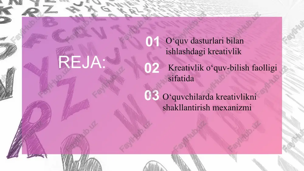 arning ijodiy imkoniyatlarini kengaytirish, ularni muammolarni hal qilishda tayyor, standart yechimlar bilan birga nostandart yechimlar qabul qilishga undash; kreativ faoliyatni rivojlantirishning asosi bo‘lgan kognitiv bilimlarni amalda qayta ishlab chiqish va takomillashtirish imkonini beradigan interfaol mashg‘ulot shakllari va metodlarini tanlash va tatbiq etish kreativlik ko‘nikmalarini rivojlantirish asosida ulardagi ixtisoslashgan ya'ni pedagogik kreativlik kompetentligini rivojlantirishga alohida e'tibor qaratish, bunda zamonaviy axborot - komunikatsiya texnologiyalari, innovatsion strategiyalar, interfaol ta'lim metodlari va texnologiyalaridan keng foydalanish maqsadga muvofiq kreativ kompetentligini uzluksiz rivojlantirishga yo‘naltirilgan o‘qitish dasturlarini va texnologiyalarini takomillashtirib borish, shuningdek ta'lim oluvchilarning kreativlik qobiliyatlarini rivojlantirishga xizmat qiluvchi zamonaviy axborot-metodik ta'minotni yaratish jarayon samaradorligini oshirishga xizmat qiladi. kreativlik qobiliyatlarini rivojlantirishning reproduktiv, ijodiy-izlanish va novatorlik bosqichlari samaradorligini ta'minlashga xizmat qiluvchi ijodiy yo‘naltirilgan ta'lim dasturlarini ishlab chiqish va ta'lim oluvchilarning kreativ ko‘nikma va malkalarini rivojlanishining o‘zgarishini baholab borish kkinchisi - o‘zlashtirilgan bilimlarni ta'limda va amaliy faoliyatda mustaqil qo‘llay olishga o‘rgatish o‘quvchilar kreativ kompetentlik faoliyatini tashkil qilishda ikki o‘zaro …