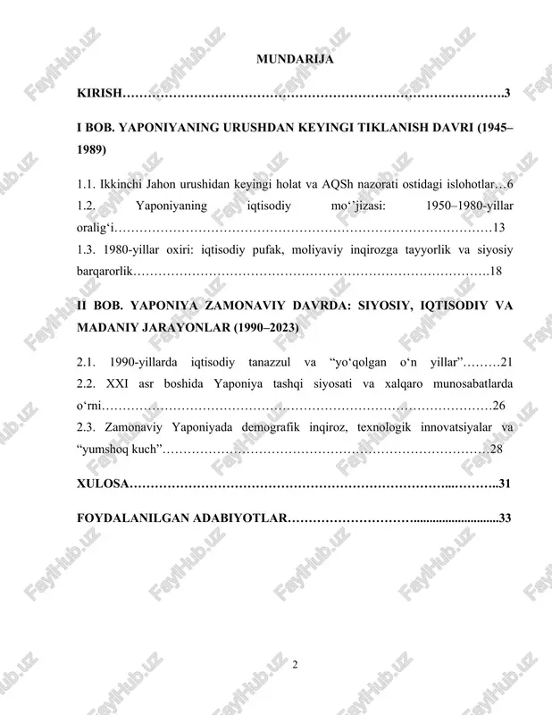 o‘plab rivojlanayotgan mamlakatlar uchun iqtisodiy model, siyosiy barqarorlik namunasi va madaniy o‘zligiga sodiq qolgan holda taraqqiyotga erishish bo‘yicha real misol bo‘lib xizmat qiladi. shu jihatdan, yaponiya tajribasi – ayniqsa, urushdan keyingi islohotlar, sanoat modernizatsiyasi, ta’lim tizimining kuchaytirilishi, tashqi siyosatdagi pragmatik yondashuv – o‘zbekiston uchun ham ahamiyatli tahlil obyektidir.yaponiyaning xxi asrdagi demografik inqiroz, iqtisodiy barqarorlikni saqlashdagi strategiyalari, xalqaro siyosiy maydondagi faolligi, aqsh va xitoy bilan munosabatlari, shuningdek, texnologik kuch sifatidagi mavqei – bugungi global tarixiy, siyosiy va iqtisodiy jarayonlarni tushunishda muhim rol o‘ynaydi. ayniqsa, xalqaro geosiyosiy raqobat kuchaygan hozirgi sharoitda yaponiyaning tashqi siyosiy strategiyasi va ichki siyosiy barqarorligi boshqa davlatlar uchun o‘rnak bo‘lishi mumkin. shu sababli, 1945–2023 yillar oralig‘idagi yaponiya tarixini o‘rganish nafaqat ilmiy jihatdan, balki amaliy jihatdan ham dolzarb bo‘lib, davlat boshqaruvi, iqtisodiy rivojlanish, madaniy o‘zgarishlar va global muloqotdagi yondashuvlar nuqtayi nazaridan katta ahamiyatga egadir. yaponiya ikkinchi jahon urushida mag‘lub bo‘lgan davlatlardan biri sifatida 1945-yildan so‘ng murakkab tarixiy davrni boshdan …