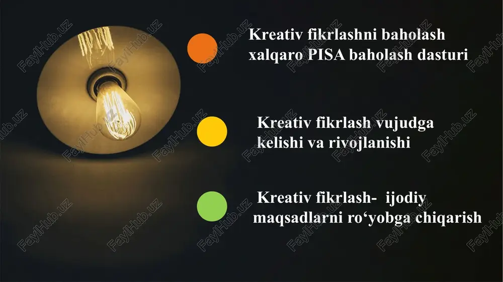 kechirishi uchun bugun va kelajakda kerak bo‘ladigan ko‘nikmalarni shakllantirishdir. kreativ fikrlash bugungi yoshlar ega bo‘lishi kerak bo‘lgan muhim ko‘nikma bo‘lib, bu ko‘nikma ularga doimiy tarzda va shiddat bilan o‘zgarayotgan, oddiy savodxonlikdan tashqari yangilanayotgan davrga xos. maktabda o‘quvchining motivatsiyasi va qiziqishini oshirish uchun, barcha o‘quvchilarning ijodiy salohiyati va shijoatini hisobga oluvchi ta'limning yangi shakllari yo‘lga qo‘yilishi zarur. fikrlashga mos shart-sharoitlarni bilishlari o‘qituvchilar kreativ fikrlashni ajrata olishlari. o‘zlari ham o‘quvchilarga fikrlashda ko‘proq ijodiy yondashishga yordam bera olishni bilishlari kerak boshqa ko‘nikmalar kabi, kreativ fikrlash ham amaliy va yo‘naltirilgan yondashuv orqali rivojlantirilishi mumkin. ba'zi o‘qituvchilarga o‘quvchining kreativ fikrlashini rivojlantirish o‘quv dasturidagi boshqa fanlar evaziga bo‘layotgandek ko‘rinadi. aslida, o‘quvchilar barcha fanlarda kreativ fikrlashi mumkin. kreativ fikrlash bilim berishga qaratilgan dars mobaynida ko‘r-ko‘rona yodlash o‘rniga tadqiqot va ixtironi qo‘llab-quvvatlaydigan yondashuvlar orqali rivojlantirilishi bilan alohida ahamiyatga ega. kreativlikni baholash - 01 02 03 04 o‘quvchining qobiliyatlari haqidagi muayyan da'volarni dalilga asoslangan fikrlash jarayonida tahlil etishdir. o‘quvchining …