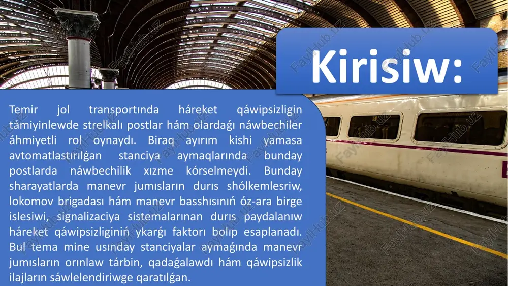 eley tásir etedi. náwbetshilik xizmet kórsetpeytuģin stanciyalar ádette avtomatikalıq blokirovka hám signalizaciya sistemaları járdeminde basqarıladı. poezd háreketi, strelkalar jaǵdayı, jol bos yamasa bántligi haqqındaǵı maǵlıwmatlar oraylıq dispetcherlik punktine jiberiledi. usı tárizde, dispetcher stanciya aymaǵındaǵı barlıq texnikalıq processlerdi aralıqtan qadaǵalap turadı. bul usıl háreketti jáne de anıq, tártipli hám qáwipsiz alıp barıwǵa imkaniyat beredi. soǵan qaramastan, bul túrdegi stanciyalarda xızmet kórsetiw ushın juwapker xızmetkerler, atap aytqanda, lokomotiv brigadaları hám texnikalıq xızmetkerler joqarı dárejedegi tártip-intizamǵa ie bolıwı kerek. hár bir manyovr, jol almastırıw yamasa toqtaw procesi qatań belgilengen kórsetpeler tiykarında ámelge asırıladı. texnikalıq qurallar isten shıqqan jaǵdaylarda bolsa poezd háreketin qolda basqarıw tártibi engiziledi. sol sebepli, bunday stanciyalarda hár bir processtiń anıqlıǵı hám muwapıqlastırılǵanlıǵı temir jol sistemasınıń qáwipsiz islewin támiyinleydi. 2. bunday stanciyalarda manevr jumısların shólkemlestiriw tártibi. náwbechilik xizmeti kórsetilmeytuģın stanciyalarda manevr jumısların shólkemlestiriw anıq reje hám kórsetpeler tiykarında alıp barıladı. bul stanciyalarda háreketti basqarıw, ádette, oraylıq dispetcher yamasa aralıqtan basqarıwshı xızmetker …