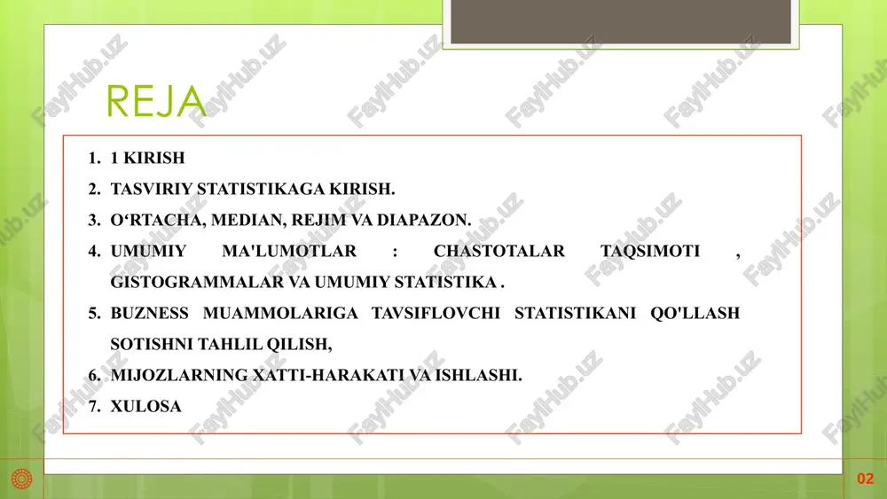 alish haqida ma’lumot beradi. arifmetik o‘rtacha (mean) arifmetik o‘rtacha – barcha qiymatlar yig‘indisini ularning soniga bo‘lish orqali topiladi. bu eng ko‘p ishlatiladigan ko‘rsatkichdir. masalan, sinfdagi o‘quvchilarning o‘rtacha bahosi shu usulda aniqlanadi. excelda =average() funksiyasi yordamida hisoblash mumkin. arifmetik o‘rtacha umumiy tendensiyani ko‘rsatadi. ammo juda katta yoki juda kichik qiymatlar natijaga ta’sir qilishi mumkin. shuning uchun ba’zida median yoki modadan foydalanish afzal bo‘ladi. 1. chastotalar taqsimoti (frequency distribution) * ma’lumotlarni guruhlarga ajratish va har bir guruhda nechta qiymat tushganini hisoblash. * excel’da bu frequency funksiyasi yoki pivottable orqali amalga oshiriladi. * masalan, talabalar baholarini (0–50, 51–70, 71–90, 91–100) oralig‘iga bo‘lib, har bir oraliqda nechta talaba borligini topish mumkin. 2. gistogrammalar (histograms) * chastotalar taqsimotini grafikda tasvirlash. * excel’da: * insert → charts → histogram ni tanlash mumkin. * yoki “data analysis → histogram” vositasidan foydalanish mumkin. * bu grafik ma’lumotlarning qanday taqsimlanganini (bir tekis, o‘ngga og‘gan, chapga og‘gan) ko‘rsatadi. umumiy statistika …