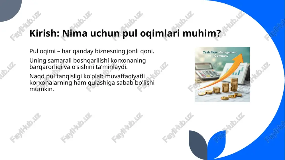 'ladi, chunki korxonalar o'sish uchun aktivlarni sotib oladi. faoliyatni kengaytirish yoki optimallashtirish haqida ma'lumot beradi. moliyalash faoliyatidan pul oqimi (fcf) kompaniyaning moliyaviy tuzilmasi bilan bog'liq operatsiyalar. kredit olish/to'lash, aksiyalar chiqarish/sotib olish, dividend to'lashdan iborat. kompaniyaning moliyaviy manbalari qayerdan kelayotganini va qayerga ketayotganini ko'rsatadi. pul oqimini bashorat qilish (cash flow forecasting) kelajakdagi davrlar uchun pul kirimlari va chiqimlarini oldindan hisoblash. qisqa muddatli (haftalik, oylik) va uzoq muddatli (yil) bashoratlar bo'lishi mumkin. naqd pul tanqisligining oldini olishga va investitsiyalarni rejalashtirishga yordam beradi. bashorat qilish usullari tahliliy usul: o'tgan davr ma'lumotlariga asoslanib hisoblash. statistik usullar: regression tahlili, vaqt qatorlari. nominal usul (byudjet asosida): kelajakdagi rejalashtirilgan operatsiyalar bo'yicha hisoblash. eng samarali usul – bu usullarni birlashtirishdir. aylanma kapitalni boshqarish (working capital management) aylanma kapital = aylanma aktivlar - aylanma majburiyatlar. uning samarali boshqarilishi likvidlik va rentabellikni optimallashtiradi. asosiy elementlar: zaxiralar, mijozlardan qarzlar, yetkazib beruvchilarga qarzdorlik. zaxiralarni boshqarish optimal zaxira darajasini saqlash – ortiqcha mablag'ni …