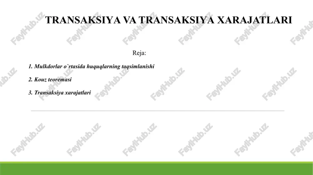 sa, u holda, agar daromad samarasidan fikrni boshqa tomonga bursak, mulkchilik huquqlarining taqsimlanishidagi o`zgarishlardan qati nazar, ishlab chiqarishning tarkibi o`zgarmasdan qoladi. boshqacha qilib aytganda, mulkchilik huquqlarining dastlabki taqsimlanishi ishlab chiqarishning tarkibiga ta’sir o`tkazmaydi. chunki pirovardida huquqlarning har biri ushbu huquqdan eng samarali foydalanish asosida u uchun eng yuqori narxni taklif etishga qodir bo`lgan mulkdorning qo`lida bo`ladi. teorema shartiga ko`ra, transaksiya xarajatlariga e’tibor qaratmagan holda, mulkchilik huquqlarining muayyan egasi haqida emas, balki resurslarga bo`lgan mulkchilik huquqlarini tafsirlashning muhimligi haqida xulosa chiqarish kerak bo`ladi. shu nuqtai nazardan mulkni isloh qilishning birinchi bosqichida egalik qilish huquqini mehnat jamoasimi, korxona ma’muriyatimi, davlat mulki qo`mitasimi yoki boshqa tizimmi, kim qo`lga kiritganligi muhim emas, pirovardida bu huquqni undan haqiqiy manfaatdor bo`lgan va samarali mulkdor qo`lga kiritishidir. kouz teoremasining yana bir xususiyati shundaki, teoremani isbotlash uchun mulkiy xuquqlarning almashinuvi bo`yicha aniq amaliy misollardan foydalanilgan. masalan, oldingi bobda keltirilgan ikki fermerning ikki yaylovdagi mulkiy xuquqlarining o`zgarishi bo`yicha ayrim …