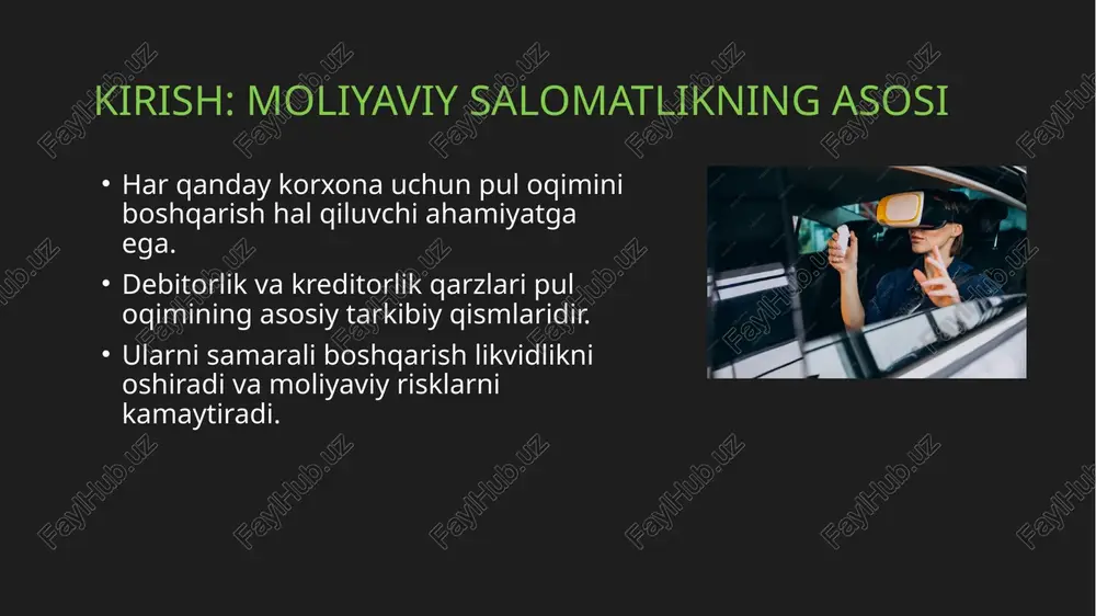 ish strategiyalari: qarzdorlikni undirish yo'q qarzlar (bad debts): mijozning to'lov qobiliyatini yo'qotishi. to'lovlarning kechikishi: pul oqimining buzilishi. ma'muriy xarajatlarning ortishi: qarzlarni undirish bilan bog'liq xarajatlar. debitorlik qarzlaridagi risklar kreditorlik qarzi - bu korxona o'zining yetkazib beruvchilari va boshqa kreditordan olgan qarzi hisoblanadi. ular xomashyo, tovarlar yoki xizmatlar kreditga sotib olinganda yuzaga keladi. kreditorlik qarzlari korxonaning qisqa muddatli majburiyatlari tarkibiga kiradi. kreditorlik qarzlar: nima ular? yetkazib beruvchidan tovar yoki xizmatni qabul qilish. yetkazib beruvchi korxonaga to'lov muddatini belgilagan holda hisob-faktura taqdim etishi. korxonaning belgilangan muddatda to'lovni amalga oshirishi. kreditorlik qarzlarining shakllanishi yetkazib beruvchilar bilan yaxshi munosabatlarni saqlash. to'lov muddatlarini optimallashtirish orqali pul oqimini boshqarish. chegirmalardan foydalanish (agar mavjud bo'lsa) va jarimalardan qochish. korxonaning kredit tarixini yaxshi saqlash. kreditorlik qarzlarini boshqarishning ahamiyati o'rtacha muddat (days payable outstanding - dpo): korxona o'rtacha qancha vaqtda o'z majburiyatlarini bajaradi? to'lovlar bo'yicha muddatlarni buzish foizi: necha foiz to'lovlar kechiktiriladi? olingan chegirmalar miqdori: chegirmalar evaziga qancha tejashga …