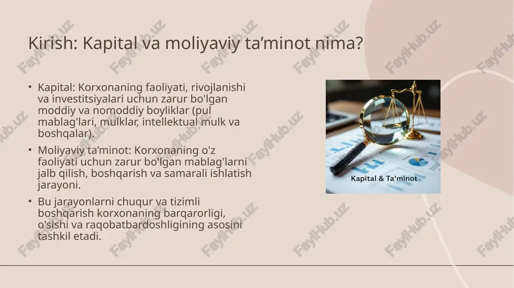 b, ularni boshqarish uchun aniq rejalar tuzish. quyidagilarni o'z ichiga oladi: savdo va ishlab chiqarish hajmlari prognozi. xarajatlar va foyda prognozi. pul oqimi prognozi (cash flow). investitsiya dasturlari byudjetlari. pul oqimi (cash flow) boshqaruvi pul oqimi - ma'lum bir davrda korxonaga kirgan va chiqqan pul mablag'larining harakati. ijobiy pul oqimi korxonaning moliyaviy barqarorligi va operatsion faoliyatini davom ettirish imkoniyatini bildiradi. boshqaruv strategiyalari: debitorlik qarzdorliklarini qisqartirish. inventarizatsiyani optimallashtirish. kredit muddatlarini boshqarish. xarajatlarni nazorat qilish. investitsiya qarorlarini qabul qilish investitsiya - kelajakda daromad olish maqsadida mablag'larni turli aktivlarga jalb qilish. investitsiya loyihalarini baholash usullari: qaytarilish muddati (payback period). sof hozirgi qiymat (net present value - npv). ichki rentabellik darajasi (internal rate of return - irr). sanoat miqyosida investitsiyalarni jalb qilish korxona o'sishi uchun muhimdir. korxona moliyaviy holatini tahlil qilish moliyaviy hisobotlar (balans, foyda va zararlar to'g'risidagi hisobot, pul oqimi to'g'risidagi hisobot) asosida amalga oshiriladi. asosiy ko'rsatkichlar: likvidlik koeffitsientlari (qisqa muddatli majburiyatlarni bajarish …