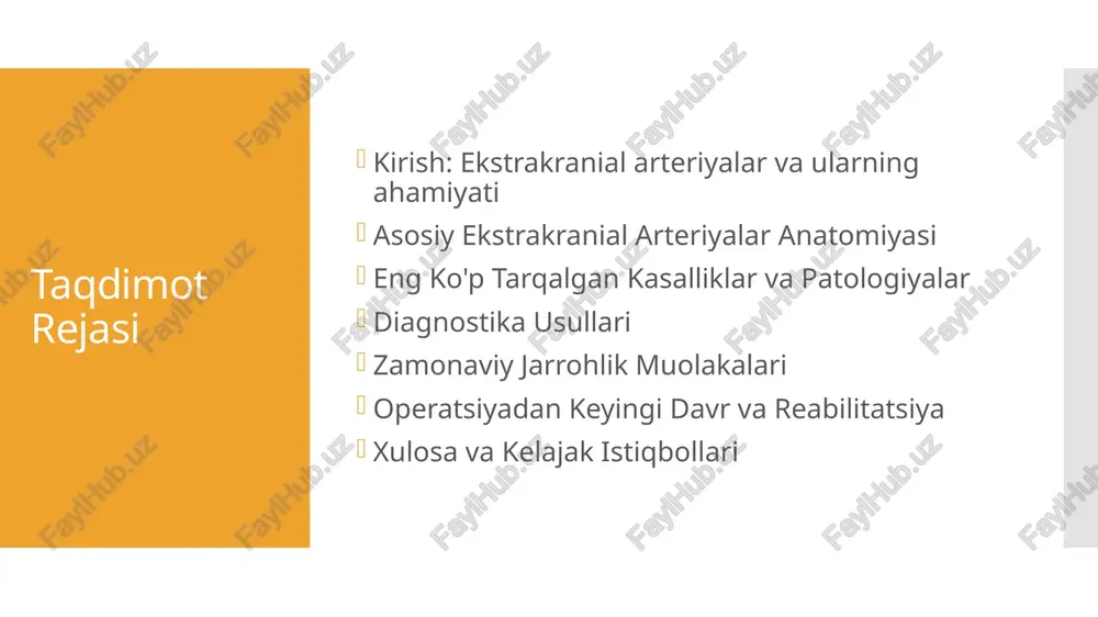 h, erkak jinsi, gipertenziya, qandli diabet, giperlipidemiya, chekish, semizlik. diagnostika usullari: umumiy ko'rinish maqsad: arteriya holatini baholash, torayish darajasini aniqlash, blyushka tabiatini o'rganish. non-invaziv usullar (rasm talab etmaydi): doppler ultratovush (usg) bilan dupleks skanning kt angiografiya (kta) mrt angiografiya (mra) invaziv usul: konvensiyonal angiografiya (kta/dsa) doppler usg va kt angiografiya doppler ultratovush (usg) bilan dupleks skanning: arteriya tuzilishi va qon oqimi tezligini baholash uchun keng qo'llaniladi. aniq, arzon va xavfsiz usul. kt angiografiya (kta): kontrast modda yordamida arteriyalarning batafsil 3d tasvirini yaratadi. torayishlar, blyushkalarning hajmi va joylashuvini aniqlashda yuqori aniqlik. mrt angiografiya va konvensiyonal angiografiya mrt angiografiya (mra): magnit maydon va radio to'lqinlaridan foydalanadi, radiatsiya yo'q. blyushkaning tarkibiy qismlarini (masalan, yallig'lanishni) baholash imkoniyati. konvensiyonal angiografiya (dsa): invaziv usul, kateter orqali kontrast modda yuboriladi. eng aniq usul, ayniqsa operatsiya rejalashtirilganda yoki murakkab holatlarda qo'llaniladi. operatsiyaga ko'rsatmalar karotid arteriya stenozisi (cas): semptomatik bemorlarda (o'tkinchi ishemik hujum, insult): 50% dan ortiq torayish. semptomatsiz …