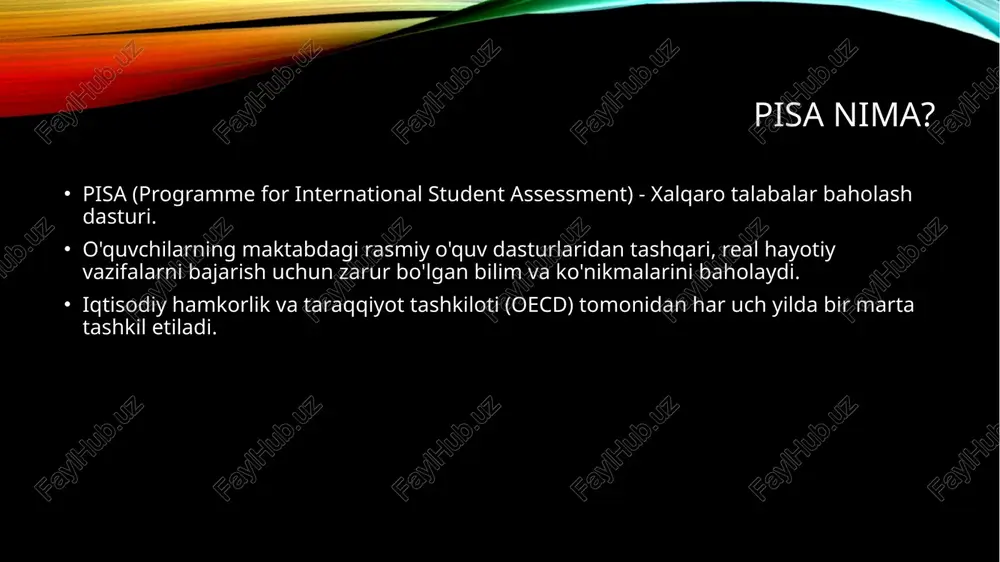 hunadi. matematik savodxonlik: matematik tushunchalarni tushunish va ularni turli vaziyatlarda qo'llash. tabiiy fanlar savodxonligi: tabiat hodisalarini tushunish va ilmiy bilimlarni kundalik hayotda qo'llash. o'qish savodxonligi: matnlarni tushunish, ulardan foydalanish va ularga nisbatan mulohaza yuritish. pisa natijalarini tahlili natijalar ball ko'rinishida va turli savodxonlik darajalari bo'yicha taqdim etiladi. yuqori ball olgan o'quvchilar murakkab muammolarni hal eta oladi. past ball olgan o'quvchilar asosiy ko'nikmalarga ega emasligini ko'rsatadi. mamlakatlar o'rtasidagi taqqoslashlar ta'lim tizimlaridagi kuchli va zaif tomonlarni ochib beradi. o'zbekiston va pisa o'zbekiston 2021-yilgi pisa tadqiqotida ilk bor ishtirok etdi. bu o'zbekiston ta'lim tizimining xalqaro standartlarga mosligini baholash va rivojlanish yo'nalishlarini aniqlash uchun muhim qadam bo'ldi. natijalar o'quvchilarning matematik va tabiiy fanlar savodxonligi bo'yicha asosiy bilimlarini ko'rsatdi. e'tiboringiz uchun tashakkur! image1.png image3.jpeg image4.jpeg image5.jpeg image6.jpeg image2.png /docprops/thumbnail.jpeg _— : pisa xalqaro baholash