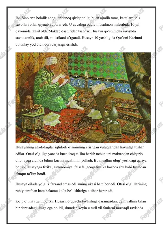 dagi barcha ilmiy asarlarni o’qib-o’rgandi, ushbu sohaning sir-asrorlarini o’rganish uchun eng og’ir bemorlarni borib ko’rdi. ibn sinoning tabobat bilan shug’ullanishiga o’sha davrning tabibi va tabobat darsligining muallifi – abu sahl masihiy sabab bo’ldi. bir kuni saroyda noodatiy holat yuz berdi: mamlakat amiri kasal bo’lib qoldi, biroq saroy tabiblaridan birortasi uni davolay olmadi. shunda amirni davolash uchun yosh ibn sino taklif qilindi. u esa o’z navbatida to’g’ri tashhis qo’yib, kasallik turini aniqlay olgan va amirni muvaffaqiyatli davolagan. bu paytda husayn 17 yoshda edi, shunga qaramasdan u amirning shaxsiy tabibi etib tayinlandi. ibn sino saroydagi yangi kitoblarni o’qib, chuqur bilim olishni davom ettirish bilan birga o’z shogirdlarini ham yetishtira boshladiva shu bilan birga 18 yoshda bo’lishiga qaramasdan sharq va o’rta osiyoning buyuk olimu-ulamolari bilan bahslasha olgan. 20 yoshida ibn sino bir necha kitoblar yozib ulgurgan edi: 1.katta entsiklopediya 2.etikabo’yicha nashr 3.tabobat lug’ati biroq boshlangan urush shahardagi tinchlikni buzdi. buxoro turk qabilalari tomonidan …