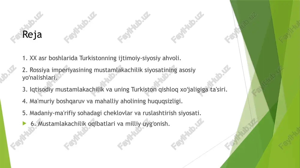 ash maqsadida qoʻshinlar joylashtirildi va istehkomlar qurildi. beshinchidan, ma'muriy-hududiy boʻlinishlarda ham imperiya manfaatlariga mos oʻzgarishlar kiritildi. bu siyosatning maqsadi turkistonni rossiya imperiyasining ajralmas qismiga aylantirish edi. mahalliy aholining urf-odatlari va qadriyatlari inkor etildi. bu esa aholi oʻrtasida chuqur norozilikka sabab boʻldi. rossiya imperiyasining mustamlakachilik siyosatining asosiy yoʻnalishlari iqtisodiy mustamlakachilik siyosati turkiston qishloq xoʻjaligiga jiddiy ta'sir koʻrsatdi. chor rossiyasi turkistonni paxta yetishtirishga ixtisoslashtirib, oʻlkani imperiyaning paxta bazasiga aylantirdi. natijada, mahalliy aholi an'anaviy ravishda yetishtirgan gʻalla va boshqa oziq-ovqat ekinlari maydonlari keskin kamaytirildi. bu holat oʻlka aholisining oziq-ovqat xavfsizligiga salbiy ta'sir koʻrsatdi. sugʻorish tizimlari rossiya ma'muriyati nazoratiga oʻtkazildi va asosan paxta maydonlari uchun xizmat qildi. yer egaligi masalasi ham murakkablashib, koʻplab dehqonlar oʻz yerlaridan mahrum boʻldi. paxta monopoliyasi mahalliy dehqonlarni qashshoqlikka olib keldi, chunki ular paxtani arzon narxlarda sotishga majbur edilar. oʻlka boyliklari, jumladan foydali qazilmalar ham rossiya tomonidan oʻzlashtirildi. bu iqtisodiy tizim mahalliy aholining farovonligini oshirishga emas, balki imperiya manfaatlariga xizmat …