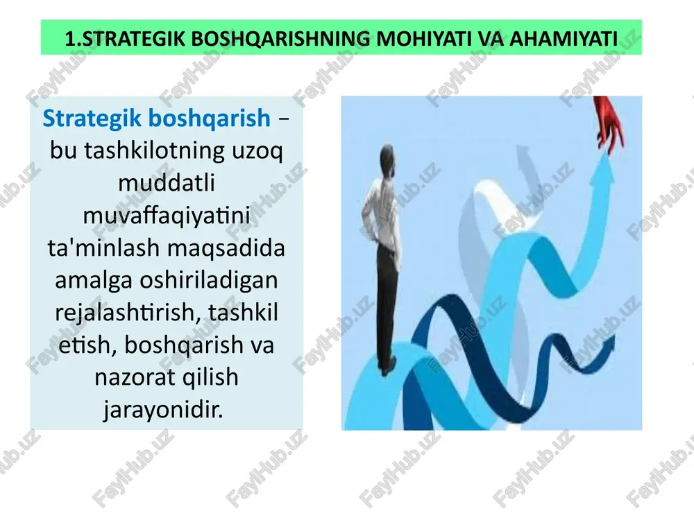 trategiyalarini belgilash, ularni amalga oshirish va natijalarni monitoring qilishni o'z ichiga oladi. strategik rejalashtirish vizyon va missiya swot tahlil strategiyalarni ishlab chiqish strategik amalga oshirish resurslarni taqsimlash jamoa tashkil etish strategik nazorat ko'rsatkichlarni baholash natijalarni tahlil qilish yangi mahsulotlar yoki bozorlarni kiritish. masalan, kompaniya o‘zining mavjud mahsulotlarini yangi segmentlarga kengaytirishi mumkin. diversifikatsiya: raqobatchilar bilan raqobatlashish va raqobat ustunligini yaratish. masalan, narxlarni kamaytirish yoki mahsulot sifatini oshirish. raqobatbardoshlik strategiyalari: yangi texnologiyalar va innovatsiyalarni joriy etish. masalan, yangi mahsulotlarni ishlab chiqish yoki yangi texnologiyalarni qo‘llash. innovatsiya strategiyalari strategik boshqarishning amaliyotlari best practices innovatsion yondashuvlar tashkilot madaniyati case studies yaxshi namuna yomon namuna google yoki apple kompaniyalarining strategik boshqarish tajribalari. kodak yoki nokia kompaniyalarining strategik xatoliklari agile va lean metodologiyalari ijodkorlik va mijozlarga xizmat ko‘rsatish madaniyatini rivojlantirish rejalashtirish, amalga oshirish va nazorat qilish bosqichlari tashkilotlarga aniq maqsadlar belgilash, resurslarni samarali boshqarish va o‘zgarishlarga moslashish imkonini beradi. tashkilotlar strategik boshqarish jarayonlarini to‘g‘ri amalga oshirsa, …