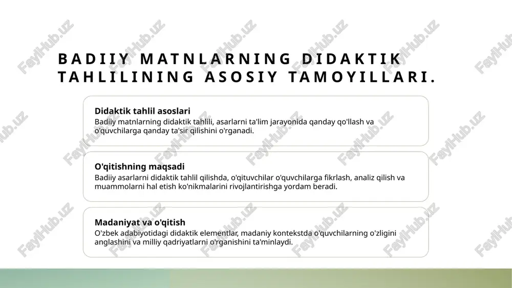madaniyatni tushunishga yordam beradi. misollar va tahlil o'zbek adabiyotidagi "qora qiz" yoki "o'tkan kunlar" kabi asarlar didaktik elementlarga boy. ular o'quvchilarga hayotiy saboqlarni etkazadi va madaniy kontekstni yoritadi. o‘qituvchilik qiymati: badiiy matnlardagi didaktik elementlar. 1 didaktik elementlar badiiy matnlardagi didaktik elementlar, o'quvchilarga axloqiy va estetik qadriyatlarni o'rgatishda muhim rol o'ynaydi. 2 o'qitish jarayoni didaktik elementlar, o'qituvchilarga badiiy asarlarni o'qitishda metodik yondashuvlarni taklif etadi, ta'lim jarayonini samaraliroq qiladi. 3 o'zbek adabiyotidagi roli o'zbek adabiyotidagi didaktik motivlar, milliy madaniyat va tarixni o'rgatishda muhim manba hisoblanadi, o'quvchilarga chuqur bilim beradi. o‘qituvchi va badiiy matn: ta'lim jarayonidagi o‘rni. 1 o‘qituvchining roli o‘qituvchi badiiy matnlarni talqin etishda muhim rol o‘ynaydi, u o‘quvchilarga asarlarning ma'nosini ochib beradi va fikrlarni rivojlantiradi. 2 badiiy matnlar va ta'lim badiiy matnlar ta'lim jarayonida o‘quvchilarning fikrlash qobiliyatini oshiradi, ularning madaniy va hissiy rivojlanishiga yordam beradi. 3 o‘qitish usullari o‘qituvchilar badiiy matnlarni o‘qitishda interaktiv metodlardan foydalanib, o‘quvchilarning qiziqishini oshirishga va ularni faol …