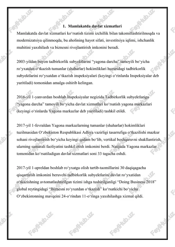 m tizimli muammolar to‘sqinlik qilmoqda. xususan: birinchidan, “yagona darcha” tamoyili bo‘yicha davlat xizmatlari ko‘rsatish imkoniyatidan faqat tadbirkorlik subyektlari foydalanishi mumkin. bunda fuqarolar hanuzgacha turli davlat organlarida hujjatlarni rasmiylashtirish bo‘yicha murakkab tartib-taomillardan o‘zlari o‘tishga majbur bo‘lmoqda; ikkinchidan, qator davlat organlarida axborot tizimlari, resurslari va ma’lumotlar bazalarining mavjud emasligi, ular idoralararo integratsiya qilinishining past darajada ekanligi jismoniy va yuridik shaxslar tomonidan barcha davlat xizmatlari majmuasidan qulay va o‘z vaqtida foydalanishni ta’minlamayapti; uchinchidan, ko‘pchilik davlat xizmatlarini ko‘rsatishning tartib-taomillari murakkab va foydalanish uchun qiyin bo‘lib qolmoqda, narxni shakllantirish mexanizmlari shaffof emas, alohida hollarda tor idoraviy manfaatlarda “monopol” xizmatlar ko‘rsatishga talablar belgilanmoqda; to‘rtinchidan, axborot-kommunikatsiya texnologiyalari joriy etilishining past darajada ekanligi, qog‘oz hujjatlar aylanmasining saqlanib qolgan andozalari asossiz moliyaviy xarajatlarga, fuqarolar ko‘p vaqt kutib qolishi va navbatlar yuzaga kelishiga hamda oqibatda, ayrim hollarda korrupsiya va byurokratiya holatlariga olib kelmoqda; beshinchidan, davlat xizmatlari ko‘rsatishni, shu jumladan real vaqt rejimida masofadan monitoring qilish va jamoatchilik fikrini o‘rganish orqali …
