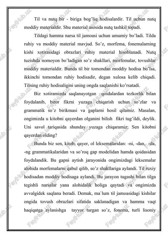 l jamiyat taraqqiyoti bilan rivojlanib boradi. jamiyat extiyojiga javob bermay qolgan til elementlari iste`moldan chiqa boradi, ular urnida yangi ifoda vositalari paydo bo’ladi. tilda paydo bo’lgan tushunchalar dastlab ayrim shaxslar nutqida ko’rinadi, so’ng asta-sekinlik bilan butun jamoa ongiga singadi. uni hamma bir tushunib, talaffuz etadigan bo’lgach, u til ixtiyoriga o’tadi. aks holda alohida shaxsning nutqiga xos bo’lib qolaveradi. masalan: o’zbek tilida so’zlovchi ba`zi kishilar nutqida “dizayner” (biror yumushni bajaruvchi shaxs) so’zi uchramoqda. hali u butunlay o’zbek tilida gaplashuvchi kishilar ongiga singib ketgan emas. shunday ekan, u hali ayrim shaxslarning tiliga tegishlidir. uning o’zbek tiliga xos bo’lib qolish-qolmasligini kelajak ko’rsatadi. nutq tildagi mavjud ifoda vositalaridan foydalangan holda mavjudlikka (haqiqatga) aylangan fikrdir. nutq, nutq a`zolarining harakati jarayonida paydo bo’ladi. ruhiy hodisa bo’lgan tilning ifoda vositalari nutq ixtiyoriga o’tgach, haqiqatga aylanadi. demak, nutq faoliyatining maxsulotidan, ma`lum shaklga kirishishdan iborat. nutq ikki xil bo’ladi: ichki nutq va tashqi nutq . nutq kishi ongida ham …