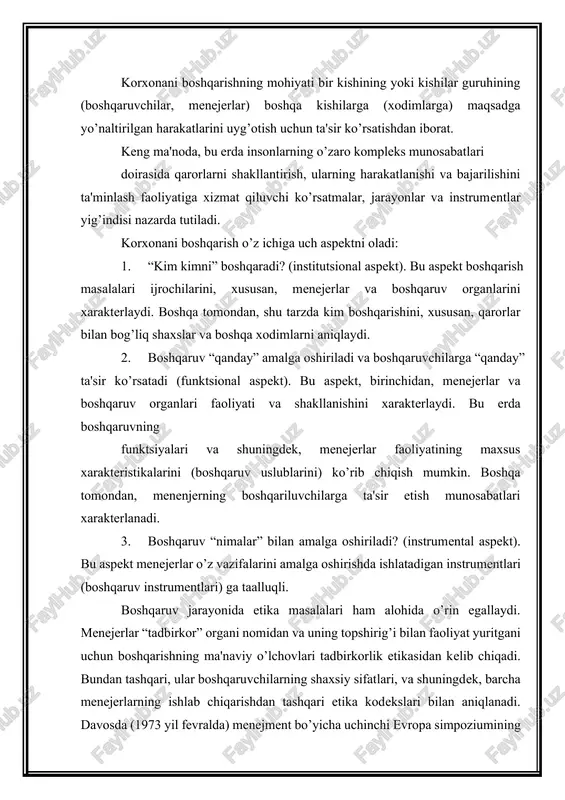 ejerlarning ishlab chiqarishdan tashqari etika kodekslari bilan aniqlanadi. davosda (1973 yil fevralda) menejment bo’yicha uchinchi evropa simpoziumining oxirgi kunida korxona menejerlarining “xulq etikasi” kodeksi loyihasi taklif qilindi. u quyidagilarni ifodalaydi: a. menejerning professional vazifasi bo’lib mijozlarga, kasbdoshlarga, sarmoyadorlarga va jamiyatga xizmat qilish, bir-biriga karama-qarshi bo’lgan qiziqishlarni murosaga keltirish hisoblanadi. 1.menejer mijozlarga xizmat qilishi kerak. u mijozlar ehtiyojini eng yaxshi tarzda qondirishi kerak. uning xatti-harakatlari korxonalar o’rtasidagi bahoni maksimal darajada pasaytirishni, mahsulotning sifati va xilma-xilligini ta'minlovchi teng musobakaga qaratilishi kerak. 2.raqobatbardosh mahsulotlar va xizmatlarga yangi g’oyalar va texnologik yangiliklarni joriy qilishga harakat qilishi zarur. 3.menejer kasbdoshlarga xizmat qilishi darkor, u faqat shundagina kasbdoshlari tomonidan qabul qilinadiki, qachonki ularning qiziqishlari bir vaqtda e'tiborga olinganida. 4.menejer kapital qo’yuvchilarga xizmat qilishi lozim. u kapital qo’yilmalarning davlat zayom ssudalari daromad foizidan yuqori daromadini ta'minlashi kerak. bu nisbatan yuqori daromad katta tavakkalchilikni mukofotlash uchun zarur. korxona menejeri kapital kirituvchining vasiysi hisoblanadi. b. korxona menejerining mijozlarga, kasbdoshlarga, …