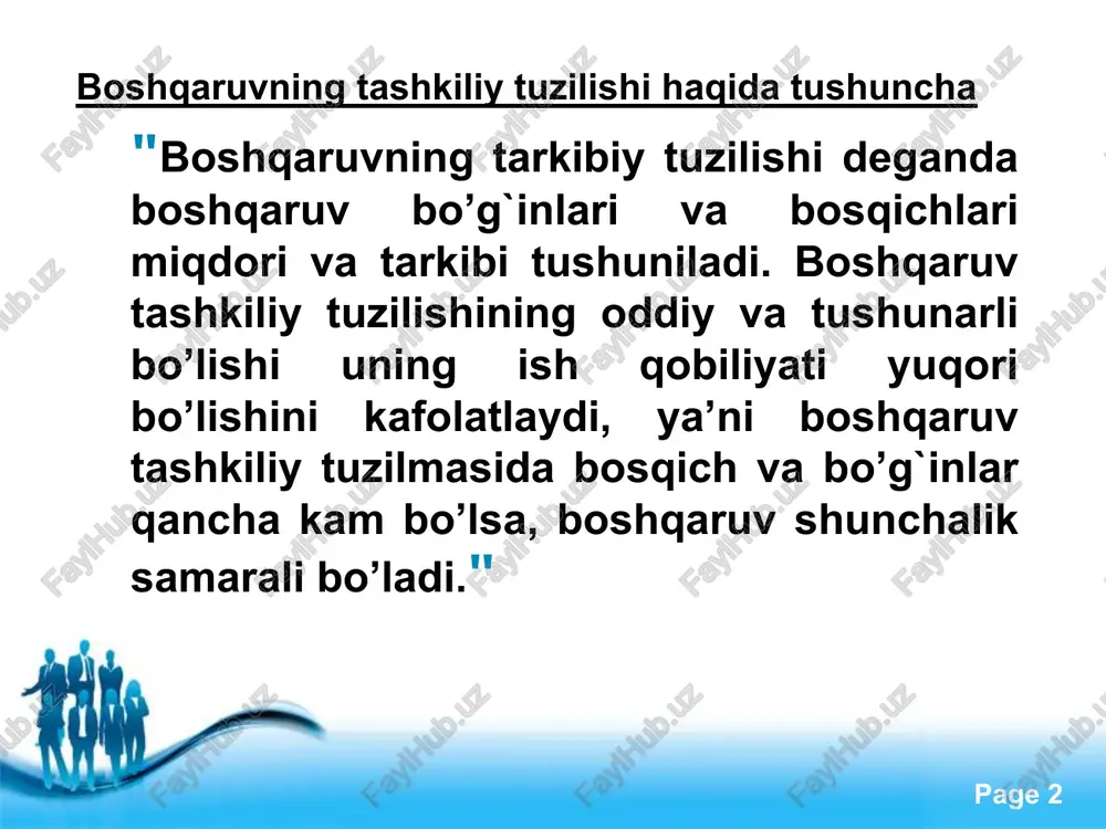 ublikasi oliy majlisidir. u xo’jalik faoliyatini tartibga soluvchi qonun, qonuniy aktlarni tasdiqlaydi. davlat rejalari va byudjetining bajarilishi haqida hisobotni muhokama qilib tasdiqlaydi, iqtisodiyotni boshqarishning ijroiya tashkilotlarini shakllantiradi. free powerpoint templates page ‹#› milliy xo’jalikni boshqarishning ijroiya tashkilotlariga umumiy, tarmoq va maxsus vakolatga ega tashkilotlar kiradi. umumiy vakolatga ega ijroiya tashkilotlariga o’zbekiston respublikasi vazirlar mahkamasi, qoraqalpog`iston respublikasi vazirlar mahkamasi va xokimiyatlar kiradi. maxsus vakolatli tashkilotlar tarmoqlararo xususiyatga ega vazifalarni bajaradilar. ular qatoriga davlat qo’mitalarini kiritish mumkin. umumdavlat boshqaruvi tashkilotlarining asosiy vazifalari: fan–texnika taraqqiyotining asosiy yo’nalishlarini belgilash, tabiiy muhitni muxofaza qilish, pul va kredit tizimiga rahbarlik qilish, soliq va daromadlarni belgilash, hisob va statistikani tashkil etish, narx, tariflar belgilash, milliy xo’jalik tarmoqlariga rahbarlik qilish. free powerpoint templates page ‹#› o’zbekiston respublikasi vazirlar mahkamasining doimiy ish yurituvchi tashkilotlari faoliyati tarmoqlararo ilmiy-texnikaviy ishlarga rahbarlik qilish, fan-texnika sohasida tanlov, ko’ngilli asosda ishlarni tashkil etish kabi vazifalarni bajaradi. respublika tovar birjalarining asosiy vazifasi korxonalar bilan hamkorlikda …