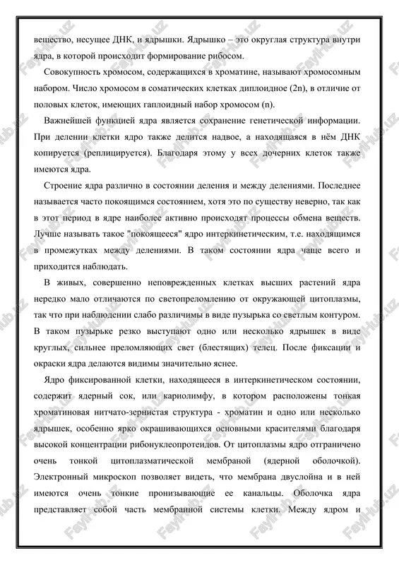 utri yadra, v kotoroy proisxodit formirovanie ribosom. sovokupnost xromosom, soderjashixsya v xromatine, nazivayut xromosomnim naborom. chislo xromosom v somaticheskix kletkax diploidnoe (2n), v otlichie ot polovix kletok, imeyushix gaploidniy nabor xromosom (n). vajneyshey funktsiey yadra yavlyaetsya soxranenie geneticheskoy informatsii. pri delenii kletki yadro takje delitsya nadvoe, a naxodyashayasya v nyom dnk kopiruetsya (replitsiruetsya). blagodarya etomu u vsex dochernix kletok takje imeyutsya yadra. stroenie yadra razlichno v sostoyanii deleniya i mejdu deleniyami. poslednee nazivaetsya chasto pokoyashimsya sostoyaniem, xotya eto po sushestvu neverno, tak kak v etot period v yadre naibolee aktivno proisxodyat protsessi obmena veshestv. luchshe nazivat takoe "pokoyasheesya" yadro interkineticheskim, t.e. naxodyashimsya v promejutkax mejdu deleniyami. v takom sostoyanii yadra chashe vsego i prixoditsya nablyudat. v jivix, sovershenno nepovrejdennix kletkax visshix rasteniy yadra neredko malo otlichayutsya po svetoprelomleniyu ot okrujayushey tsitoplazmi, tak chto pri nablyudenii slabo razlichimi v vide puzirka so svetlim konturom. v takom puzirke rezko vistupayut odno ili …