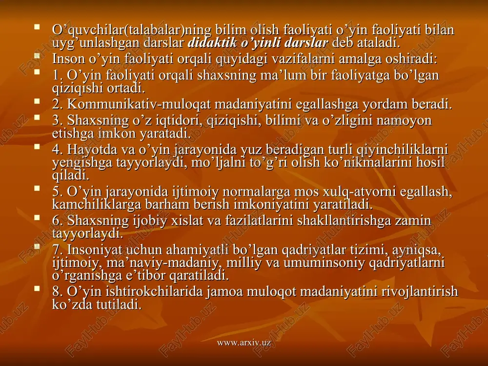 lga oshirish uchun bajariladigan amallar(usullar); g) aniq o’yinlar yoki shartli ravishdadagi o’yin vositalaridan foydalanish; d) o’yin ishtirokchilari o’rtasidagi munosabat, muloqot. www.arxiv.uz www.arxiv.uz o’yin faoliyatining tarkibi: 1. o’yindan ko’zda tutilgan maqsadni aniqlash, loyihalash. 2. ushbu maqsadni amalga oshirish yo’llarini belgilash. 3. olingan natijalarni tahlil qilish. 4. o’yin strukturasiga tegishli o’zgartirishlar kiritish. didaktik o’yinli darslarning o’ziga xos xususiyatlari: didaktik o’yinli darslarning o’quvchi(talaba)larning bilim olish va o’yin faoliyati uyg’unligiga ko’ra turlari: 1. syujetli-rolli o’yinlar 2. ijodiy o’yinlar 3. ishbilarmonlar o’yini 4. konferentsiyalar 5. o’yin-mashqlar www.arxiv.uz www.arxiv.uz didaktik o’yinli darslarni o’tkazishda qo’yiladigan didaktik talablar: 1. dasturda qayd etilgan ta’limiy, tarbiyaviy, rivojlantiruvchi maqsad va vazifalarni hal qilishga qaratilgan bo’lishi. 2. muhim muammolarga bag’ishlanishi va ular o’yin davomida hal qilinishi. 3. barkamol inson shaxsini tarbiyalash tamoyillariga, sharqona odob-axloq normalariga mos kelishi. 4. o’yin strukturasi mantiqiy ketma-ketlikda bo’lishi. 5. mazkur darslarda didaktik printsiplarga amal qilinishi va eng kam vaqt sarflagan holda ulkan samaraga erishish kerak. syujetli-rolli o’yinlar …