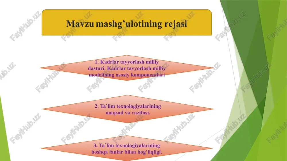 pedagogik jarayondir. kadrlar tayyorlash milliy dasturi. kadrlar tayyorlash milliy modelining asosiy komponentlari. kadrlar tayyorlash milliy dasturi – kadrlar tayyorlash tizimini tubdan isloh qilishdir, ya`ni, respublikaning demokratik huquqiy davlat va adolatli fuqarolik jamiyat qurish yo’lidan izchil ilgarilab borish; mamlakat iqtisodiyotida tub o’zgarishlarning amalga oshirilishi, respublika iqtisodiyoti, asosan xom ashyo yo’nalishidan raqobatbardosh mahsulot ishlab chiqarish yo’liga izchil o’tayotganligi, davlat ijtimoiy siyosatida shaxs manfaati va ta`lim ustivorligini qaror toptirish, milliy o’zlikni anglashning o’sib borishi, boy milliy madaniy-tarixiy an`analarga va xalqimizning intellektual merosiga hurmat uyg’otish, respublikaning jahondigi mavqei va obro’-e`tiborini mustahkamlanib borishigi erishish. uning maqsadi ta`lim sohasini tubdan isloh qilish, rivojlangan demokratik davlatlar darajasida, yuksak ma`naviy va axloqiy talablarga javob beruvchi yuqori malakali kadrlar tayyorlashning milliy tizimini yaratishdir. vazifalari “ta`lim to’g’risida”gi o’zrning qonuniga muvofiq ta`lim tizimini isloh qilish; ta`lim va kadrlar tayyorlash sohasida muhitini shakllantirish negizida ta`lim tizimini yagona o’quv ilmiy ishlab chiqarish majmua sifatida izchil rivojlantirishni ta`minlash; ta`lim va kadrlar tayyorlash tizimini jamiyatda …