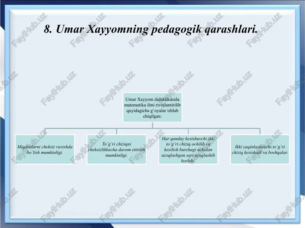 ebra, falakiyot fanlariga alohida e’tibor berib, bular insonning aqliy kamolotining asosi deb hisoblaydi: kimki aqldan biror sabr bor, umrin bir lahzasin o’tkazmas bekor... ...”ilohiyot ilmin o’rgan” dedi dil, agar o’zing bilsang menga bayon qil. “alf” degan edim “bas” dedi menga, “bir harf ham yetadi” kim bo’lsa oqil. umar xayyom ta’lim-tarbiyaga doir g’oyalarni quyidagicha tafsirlashtirdik: ota-onaga muhabbat. o’zaro munosabat. mehnat va hunar. do’stlik va qarindoshlik. yomon va yaxshi harakatlar. yaxshilik. nafs balosi. savob va gunoh. ustod va shogird kabi nasihat usulidagi to’rtliklarni quyidagicha bayon etgan: bu zamonda aqldan foyda yo’q zinhor aqlsiz kishiga jahon unumdor. aqlimni olguvchi narsani keltir shunda zero, zamon menga bo’lgan yor. * * * har kim aql so’ziga solarkan quloq chindan oqibatida bu ho’kiz sog’moq! zo’r aqling zo’r kelib may sotayapsan ablahlik to’nini kiy, shu ma’qulroq! dilim ilmlardan mahrum bo’lmabdi bir sir qolmadiki, mafhum bo’lmabdi. tunu kun o’yladim yetmish ikki yil angladim - hech narsa ma’lum bo’lmabdi: …