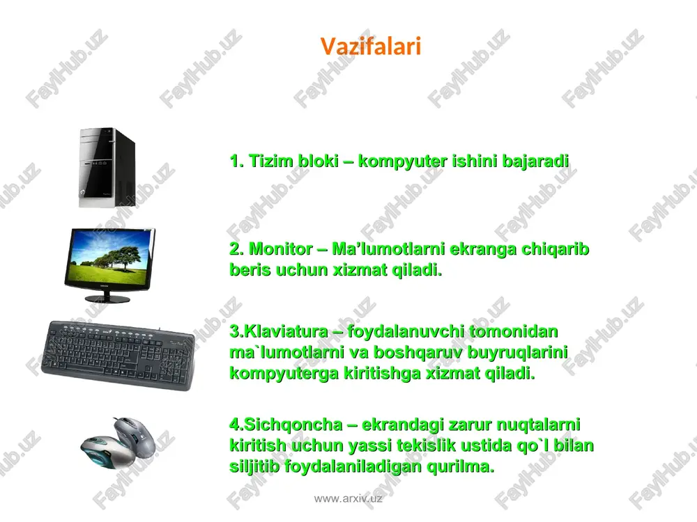 `qitishda “shaxsiy kompyuterning arxetekturasi” o`rganishda “multimediaviy hujum” metodining tadbig`ini keltiramiz. avvalombor “shaxsiy kompyuterlarning arxetekturasi” bo`limini to`rtta minimodulga (kichik modulga) bo`lib o`rganishni taklif etamiz. - birinchi modul-kompyuterning tayanch konfiguratsiyasi (asosiy tashqi qurilmalari) - ikkinchi modul-tizim blokining tarkibiy qismlari - uchinchi modul-kompyuterning qo`shimcha qurilmalari. - to`rtinchi modul-axborot tashuvchilar-kompakt disklar va multimedia yaratishga mo`ljallangan kompyuterlar. www.arxiv.uz www.arxiv.uz auto tun nl @ anti oe directx 11 suppor