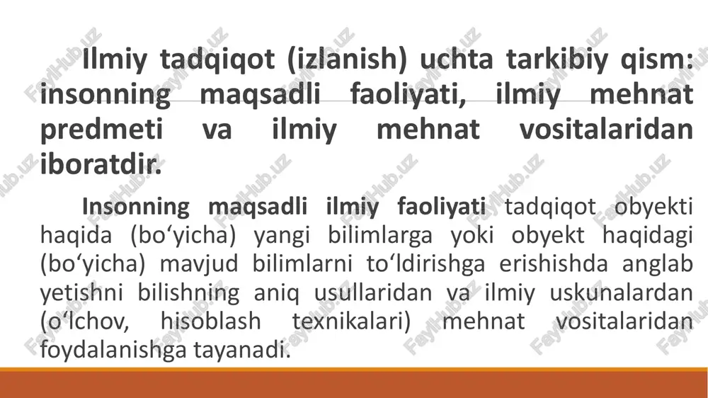 sh texnologiyasini amalga oshiriuvchi texnik qurilmani yaratish). 2.1-rasmda keltirilgan sxemada loyihalash va o‘zlashtirish bosqichlari bir vaqtning o‘zida fan va texnika sohalariga tegishli hisoblanadi. shuningdek, fundamental tadqiqotlar va ishlab chiqarish oralig‘ida o‘zaro bog‘langan bosqichlar: amaliy tadqiqotlar – ishlanma – loyiha joylashgan. ilmiy tadqiqotlar strukturasi. ilmiy izlanishlar (tadqiqotlar) – obyektiv borliqni, qonuniyatlar va real dunyo voqeliklari orasida bog‘liqlikni anglab yetish – bilish jarayonidir. rr [sss st nr nn eee eee ee ese ee see see sse en es ee i ee ee nr er ee eee ee sss ee es ee ee et ne ss eee ss eee ee ee ee ee se =—1 i i i ichlab chigarish | i " , ! soha ee ed ee eet sin | texnika i hy a “a | a o*zlashtirish | me ! a ~~. i | _ a i ‘se loyihalash et if we ae 1 i st see ae noo ss …
