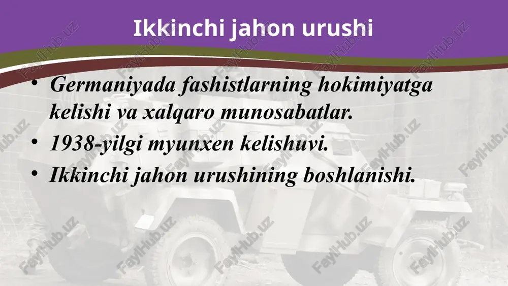 tasida harbiy hamkorlik to‘g‘risida kelishuv – uchlar pakti imzolandi. tez orada bu paktga vengriya, ruminiya, slovakiya va bolgariya ham qo‘shildi. germaniyaning sssrga bostirib kirishi. germaniya bilan sssr o‘rtasidagi urush muqarrar bo‘lib, g‘arbiy yevropaning egallanishini gitler o‘zining asosiy rejasi – sharqqa yurish uchun tayyorgarlik sifatida qarayotgan edi 1941-yili 22-iyunda germaniya sssrga bostirib kirdi. germaniyaning hujumi sssr uchun kutilmaganda yuz berganligi i.stalinning eng yirik xatolaridan biri bo‘ldi. nemis bombardimonidan yashiringan sovet bolalari. 1941-yil, iyul. antigitler koalitsiyaning tuzilishi. germaniya sssrga hujum boshlashi bilan buyuk britaniya bosh vaziri u. cherchill va aqsh prezidenti f.d. ruzvelt sovetlar bilan birdamligini e’lon qildi. antigitler koalitsiya. urush davri plakati. 1941-yil avgustda aqsh va buyuk britaniya urush payti va undan keyingi hamkorlik tamoyillari to‘g‘risida deklaratsiyani – atlantik xartiyani imzoladi. urushning borishi. 1941-yil dekabrda nemis qo‘shinlari moskva ostonalarida jangni boy berdi va urushdagi dastlabki jiddiy mag‘lubiyatga uchradilar. ammo ularning hujumkorlik ruhi hali sindirilmagan edi. frontga kuzatish. rossiya. germaniyaning taslim bo‘lishi. …