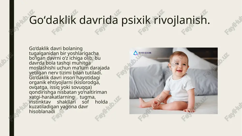 higa olib keladi 3-7yoshli bolalar psixik rivojida badiiy-ijodiy faoliyat bulgan musikaning xam axamiyati xam juda katta. musika orkali bolalar ashula aytishga, musika oxangiga mos ritmik xarakatlar kilishga urganadilar. 3-7 yosh davrida bolalar asosiy faoliyati kuyidagi ketma-ketlikda keladi: 1. predmetlarni urganish, 2. individual predmetli uyinlar, kollektiv syujetli-rolli uyinlar, 3. individual va guruxiy ijod, 4. musobaka uyinlar, 5. mulokot uyinlar- 6. uy mexnati. ilk bolalik davrida psixik taraqqiyot. ilk bolalik davri.- go‘daklik davridan so‘ng rivojlanishning yangi bosqichi ilk bolalik (1-3 yosh) davri boshlanadi, ilk bolalik davri bola hayotidagi eng ahamiyatta molik, uiing kelajakdagi psixologik rivojlanishini belgilab beruvchi - muhim davr hisoblanadi. bu davrdagi rivojlanishning asosini bolaning to‘tri yurishi, mulohotta kirishishi va predmeatsh faoliyatni egallash xususiyatlari tashkil etadi. tikka va to‘g‘ri yura olish imkoni bolani, doimiy ravishda yangi ma’lumotlarni egallashga zamin bo‘ladi. bu yoshdagi bolalar o‘z xatti—harakatlari bilan juda faol va kattalar bilan muloqotga kirishishga intiluvchan bo‘ladilar. 3-7 yoshgacha bulgan davr bogcha yoshi …