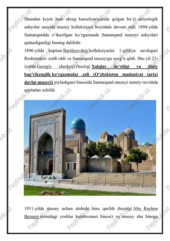 yoshlar kutubxonasi binosi) va muzey shu binoga ko‘chib o‘tdi. 1933-yilda muzey kolleksiyasining bir qismi registon ansamblidagi ulug‘bek madrasasi ichiga ko‘chirildi. 1939-yilda savdogar avram kalontarovning uyi (hozirgi viloyat o‘lkashunoslik muzeyi binosi) muzey uchun foydalanishga topshirildi va muzey shu joyda faoliyat boshladi. 1979-yilda registon maydonining sharqiy tomonida samarqand muzeyi uchun yangi bino qurib bitkazildi va ushbu binoda 2009-yilgacha samarqand muzeyi faoliyat olib bordi. 1982-yilda uning negizida samarqand davlat birlashgan tarixiy-meʼmorchilik va sanʼat muzey-qo‘riqxonasi [1] tashkil etildi va viloyatdagi barcha yodgorliklar hamda muzeylar ushbu tuzilma tarkibiga kiritildi. mamlakatimizdagi yirik muzeylar qatorida samarqand davlat muzey-qo‘riqxonasi alohida o‘rin tutadi. muzey kolleksiyasi qadimgi va o‘rta asrlarga oid vatanimiz tarixi va madaniyatining eng boy xazinalaridan biri sanaladi. uning tarixi samarqanddagi birinchi muzey bilan chambarchas bog‘liq. bu muzey arxeologik, numizmatik, etnografik va geologik topilmalar kolleksiyalari negizida 1874 yilda tashkil etilgan va 1896 yilda rasman muzey sifatida ish boshlagan. 1911 yilda muzey tabiat, arxeologiya, etnografiya va maishiy bo‘limlardan tashkil …