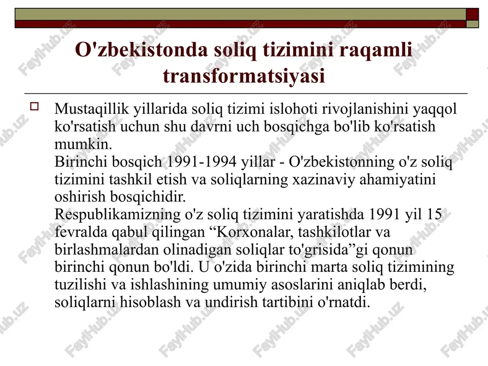 ridagi ishlab chiqarish maqsadlaridagi ob'ektlar qurilishiga solinadigan soliq, reklama soligi, avtotransport vositalarni olib sotganlik uchun soliq, ularning egalariga solinadigan soliq-jami 19 turdagi har xil soliqlar va yigimlar mahalliy soliqlar guruhiga kiritildi. 1993 yilning 7 mayida «korxonalar, birlashmalar va takshkilotlardan olinadigan soliqlar to'grisida»gi qonunga qo'shimchalar kiritildi. soliq islohotlarining ikkinchi bosqichi soliqlarni bozor iqtisodi talablariga moslashtirish va korxonalarning ishlab chiqarishni rag`batlantirishga qaratish davridir. bu davrga 1995 —1997 yillar to'gri keladi. bu davrda soliqlar ishlab-chiqarish samarodorligini oshirishga ta'sirini kuchaytirishga bagishlandi. ularga soliqlardan xilma-xil imtiyozlar berildi. ayniqsa yuridik shaxslarning foydaga (daromad) solig`idan imtiyozlar ko'p edi, 1995 yildan boshlab korxonalar har bir foiz maxsulot ishlab chiqarish hajmini ko'paytirgani uchun 0,3 %dan foydaga soliq stavkasi kamaytirildi. xalq xo'jaligini iqtisodiy jihatdan barqarorlashtirish va tuzilmaviy jihatdan qayta qurish soliq tizimini isloh qilishni talab etdi va ko'plab korxonalar va tashkilotlarning foyda soligini daromad soligi to'lashga o'tishi amalga oshirildi. uning o'rtacha stavkasi 37 foiz etib belgilandi. soliq to'lovchilar uchun imtiyozlar …