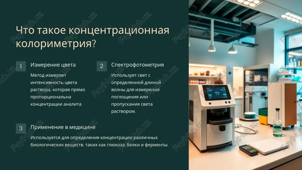 immunologiya opredelenie kontsentratsii antitel i antigenov v krovi. 7 preimushestva i ogranicheniya metoda bistrota rezultati mogut bit polucheni bistro, chto osobenno vajno dlya srochnix analizov. stoimost obichno yavlyaetsya bolee dostupnim metodom po sravneniyu s drugimi analiticheskimi metodami. tochnost pri pravilnom ispolzovanii metod obladaet dostatochnoy tochnostyu dlya klinicheskoy diagnostiki. slojnost trebuet podgotovki obraztsa, kalibrovochnoy krivoy i spetsificheskix usloviy. 8 vajnost nadejnosti i tochnosti rezultatov tochnost i nadejnost rezultatov kolorimetrii igrayut reshayushuyu rol v klinicheskoy diagnostike. pravilnaya interpretatsiya rezultatov pozvolyaet stavit tochnoe diagnoz i naznachat effektivnoe lechenie. 9 perspektivi razvitiya kolorimetricheskix metodov razvitie kolorimetricheskix metodov napravleno na povishenie avtomatizatsii, tochnosti i dostupnosti. primenenie sovremennix texnologiy pozvolit uluchshit kachestvo analizov i uskorit protsessi diagnostiki. 10 image1.png image2.png image3.png image4.png image5.png image6.png image7.png image8.png image9.png image10.png image11.png image12.png image13.png image14.png image15.png image16.png image17.png image18.png © made with gamma 280 350 555 545 235 140 lel 00 46 45 56 60 750 125 1200 lab …