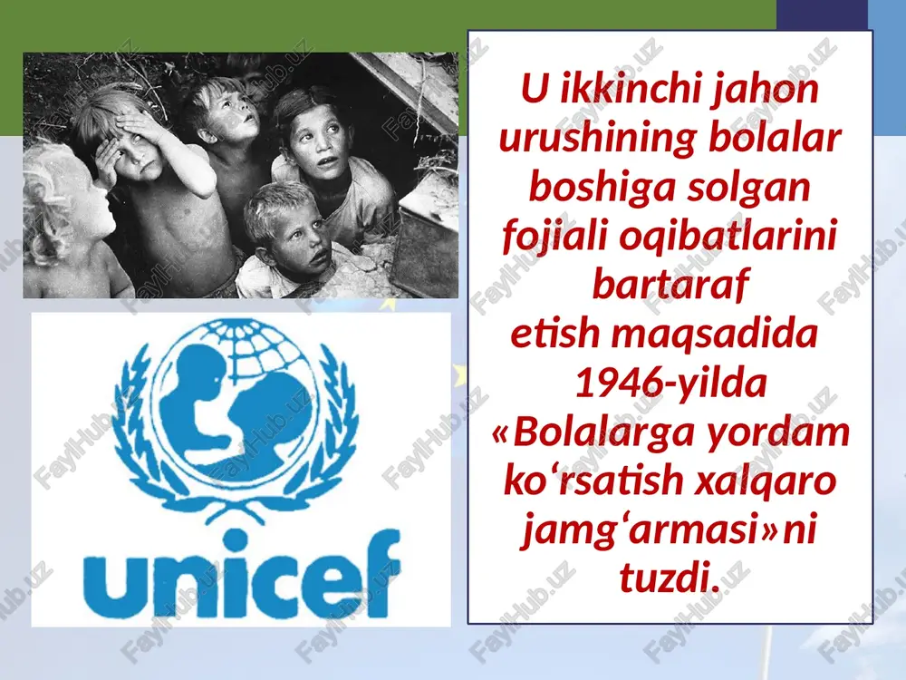 ri tayyorlashga qaror qiladilar va ularni iso payg‘ambar tug‘ilgan kuni – rojdestvo bayrami munosabati bilan butun dunyoda sotilishini tashkil etadilar. savol va topshiriqlar 1. bmtning dunyo bolalari huquqlarini himoya qilish borasidagi faoliyati haqida nimalarni bilib oldingiz? 2. yunisef tashkiloti va uning faoliyati haqida so‘zlab bering. 3. «bola huquqlari to‘g‘risida»gi konvensiyaning maqsadi nimalardan iborat? 4. o‘zbekiston respublikasi va yunisef qaysi yo‘nalishlarda hamkorlik qilmoqda? image3.jpeg image4.jpeg image5.jpeg image6.jpeg image7.jpeg image8.jpeg image9.jpeg image10.jpeg image11.jpeg image12.jpeg image13.jpeg image14.jpeg image15.jpeg image16.jpeg image17.png image18.jpeg image19.jpeg image20.jpeg image21.jpeg image22.jpeg image23.jpeg image1.jpg gs unicef = camarta /docprops/thumbnail.jpeg ozbekiston va yunisef + reia + o'bekiston va yuniset + yunisef ning foliyat “+ yunisef mablag'